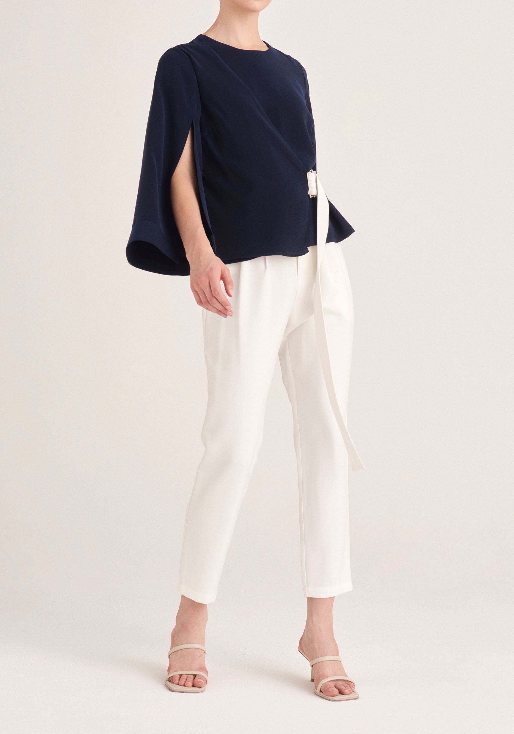 Paisie Wrap Top with Cape Sleeves in Navy and White 