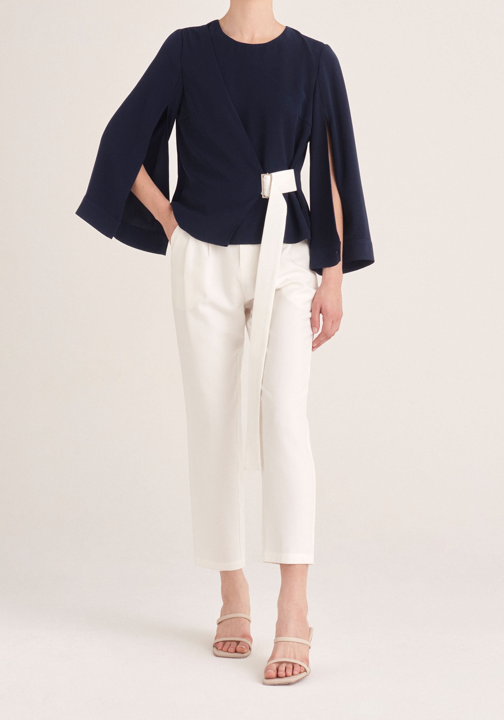 Paisie Wrap Top with Cape Sleeves in Navy and White 