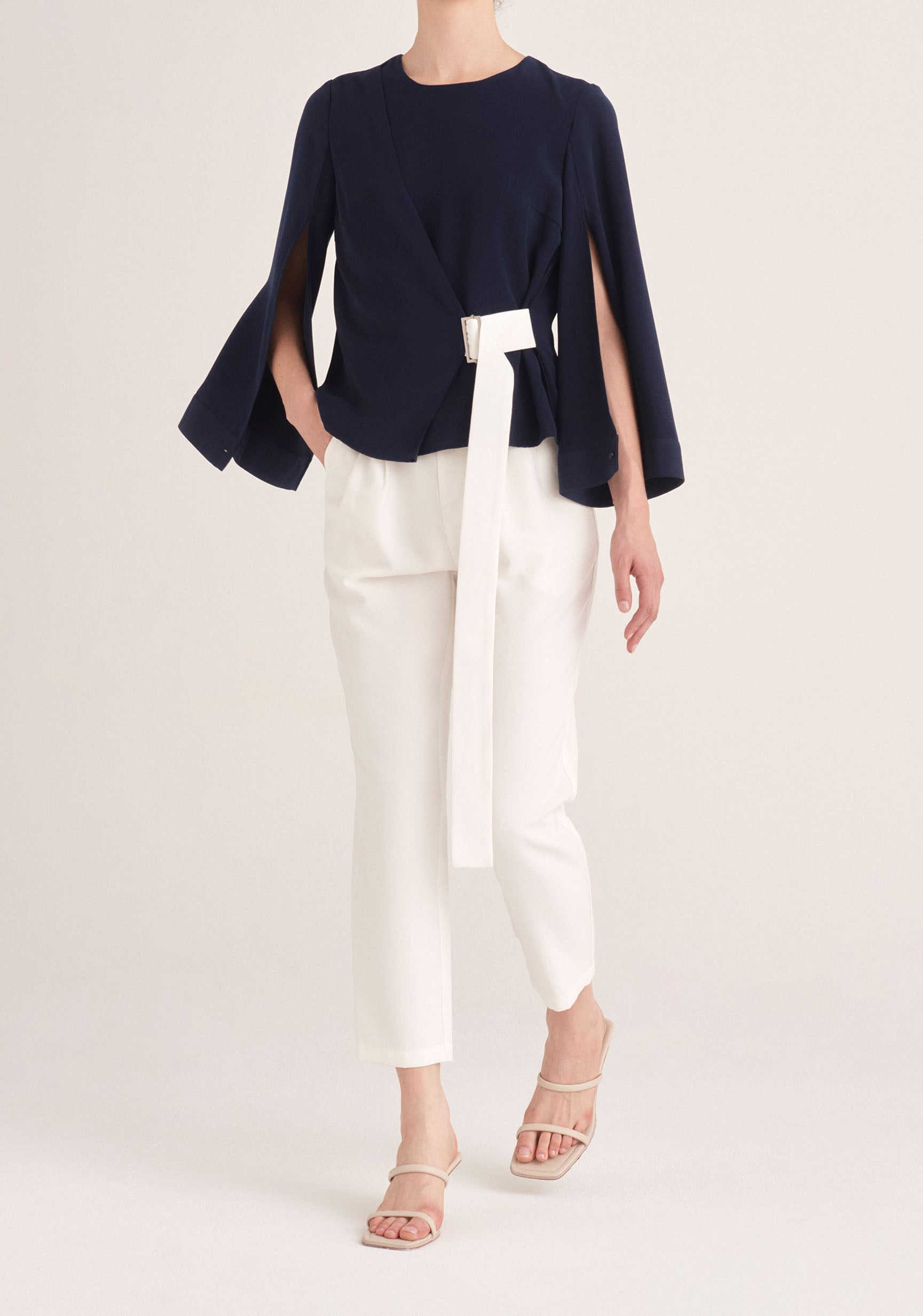 Paisie Wrap Top with Cape Sleeves in Navy and White 