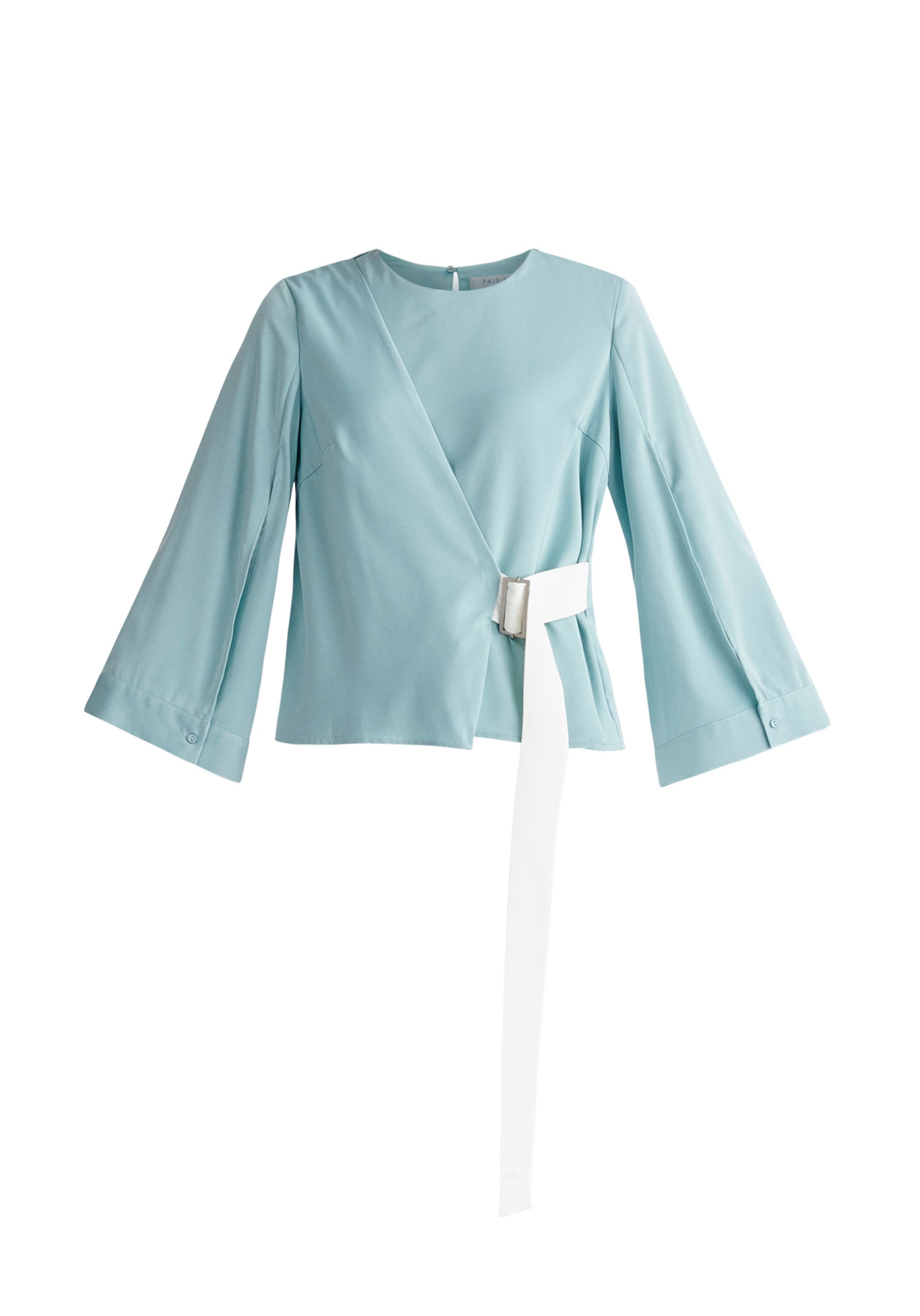 Paisie Wrap Top with Cape Sleeves in Light Teal and White Cut Out