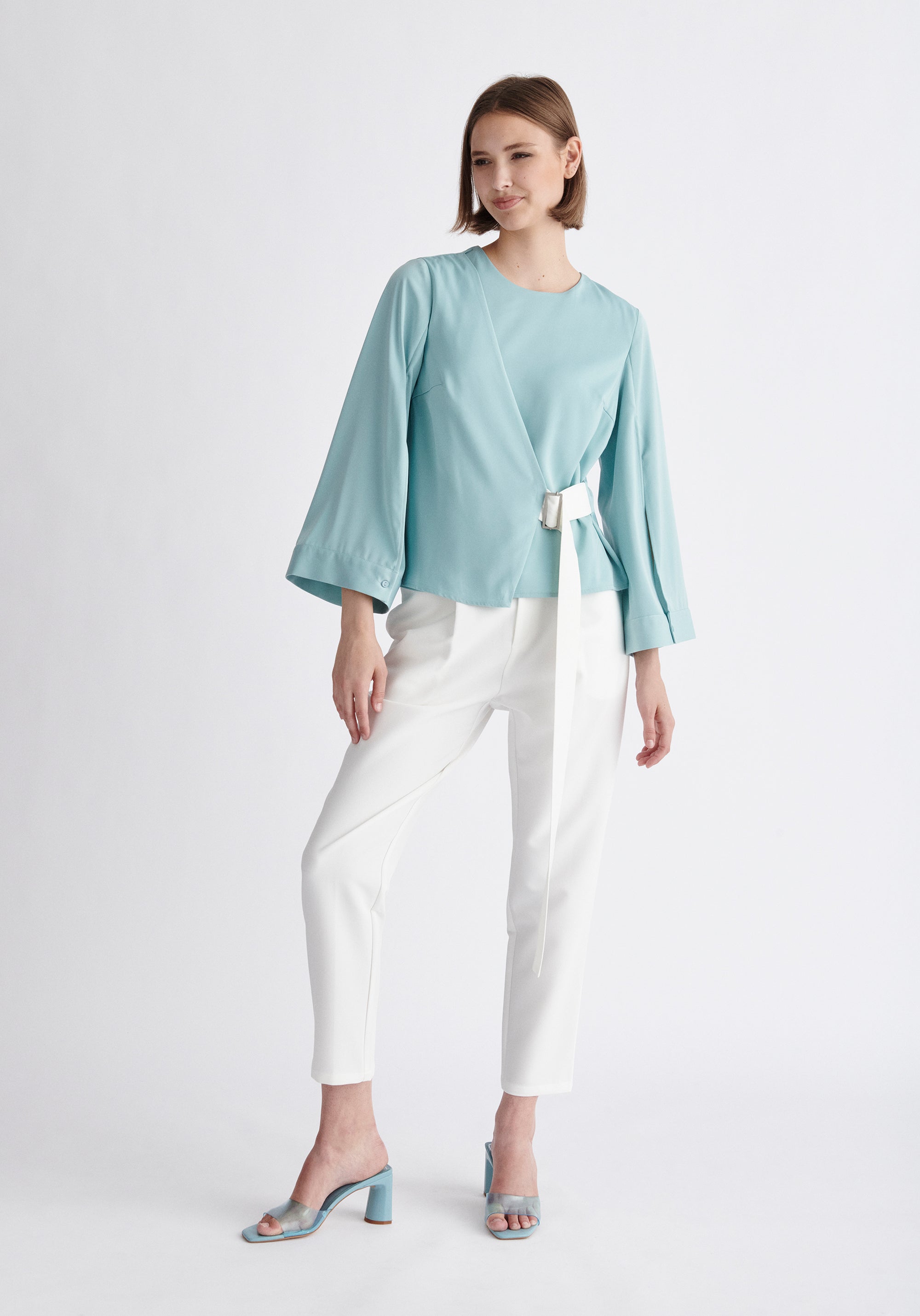 Paisie Wrap Top with Cape Sleeves in Light Teal and White
