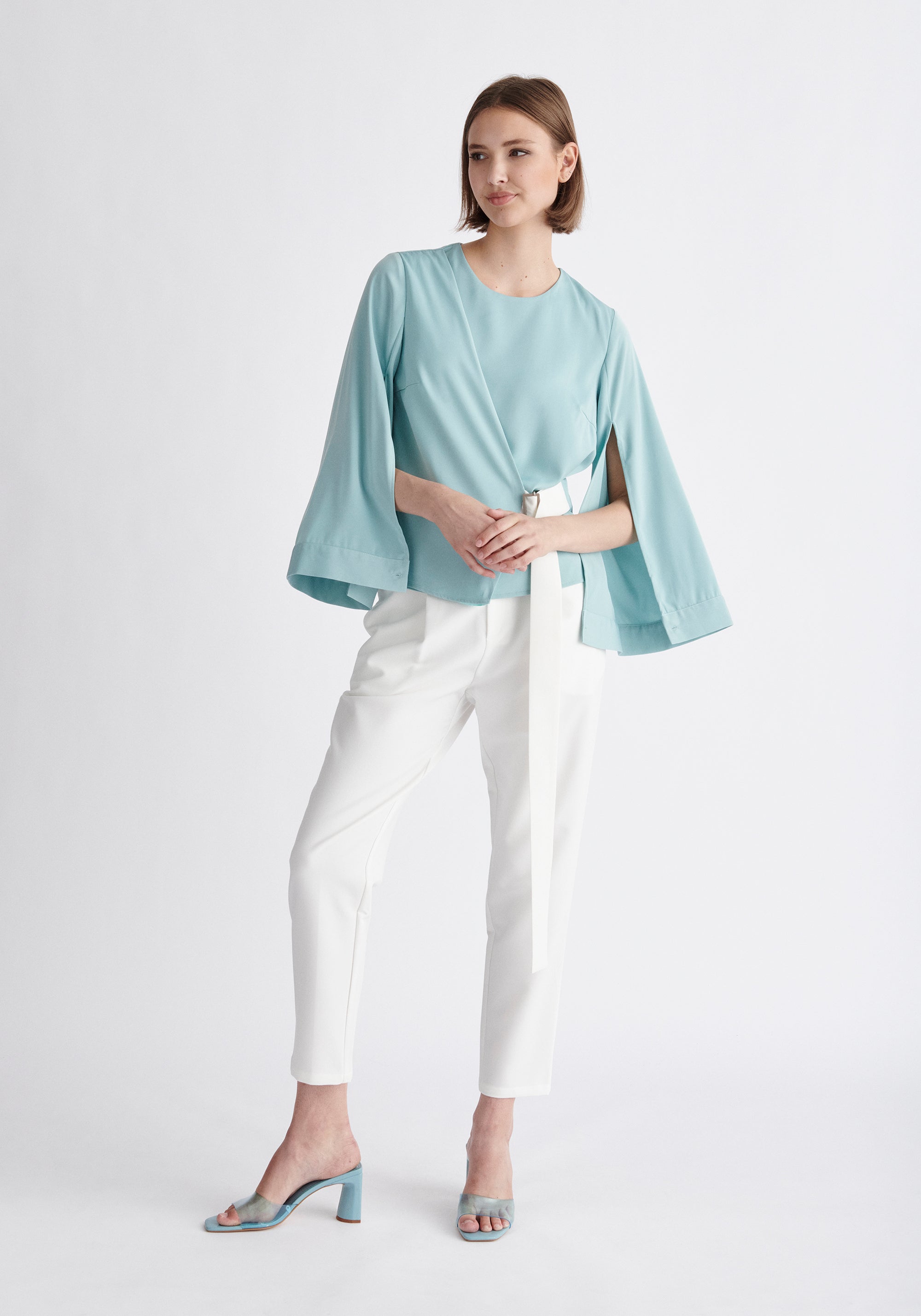 Paisie Wrap Top with Cape Sleeves in Light Teal and White