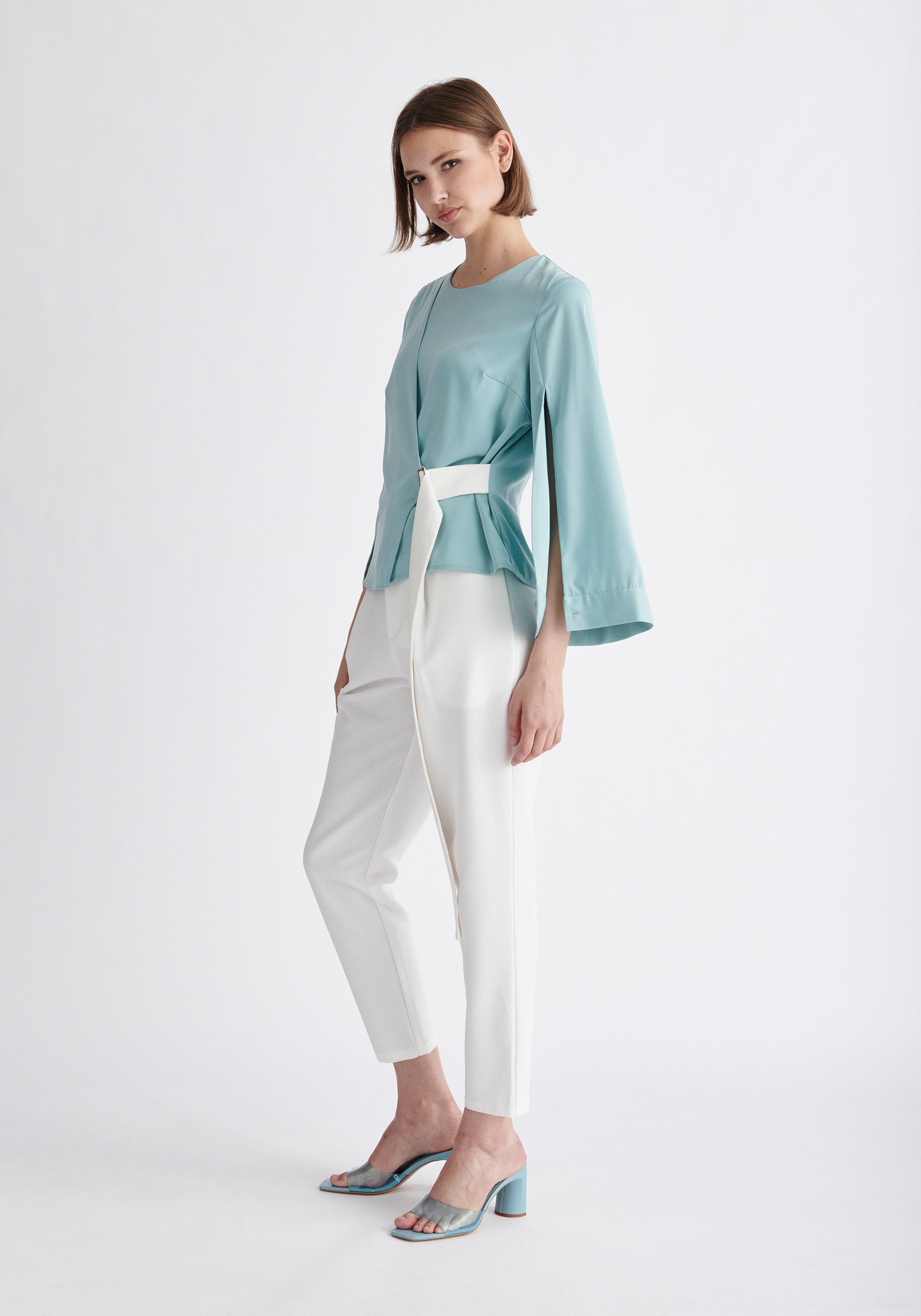 Paisie Wrap Top with Cape Sleeves in Light Teal and White