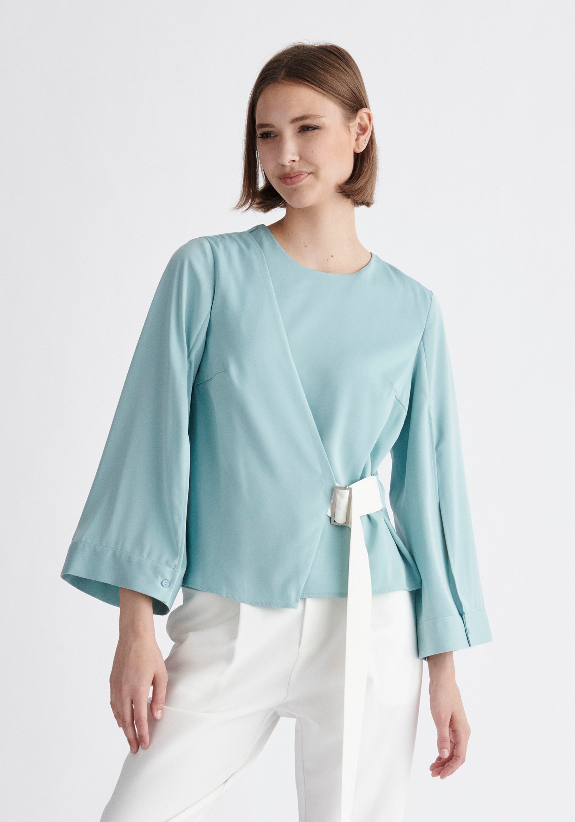 Paisie Wrap Top with Cape Sleeves in Light Teal and White