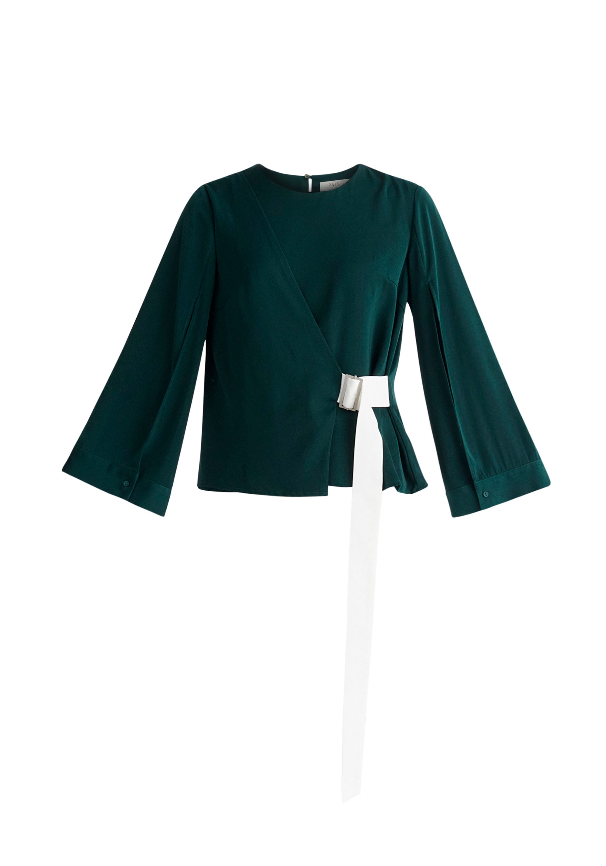Paisie Wrap Top with Cape Sleeves in Dark Green and White Cut Out