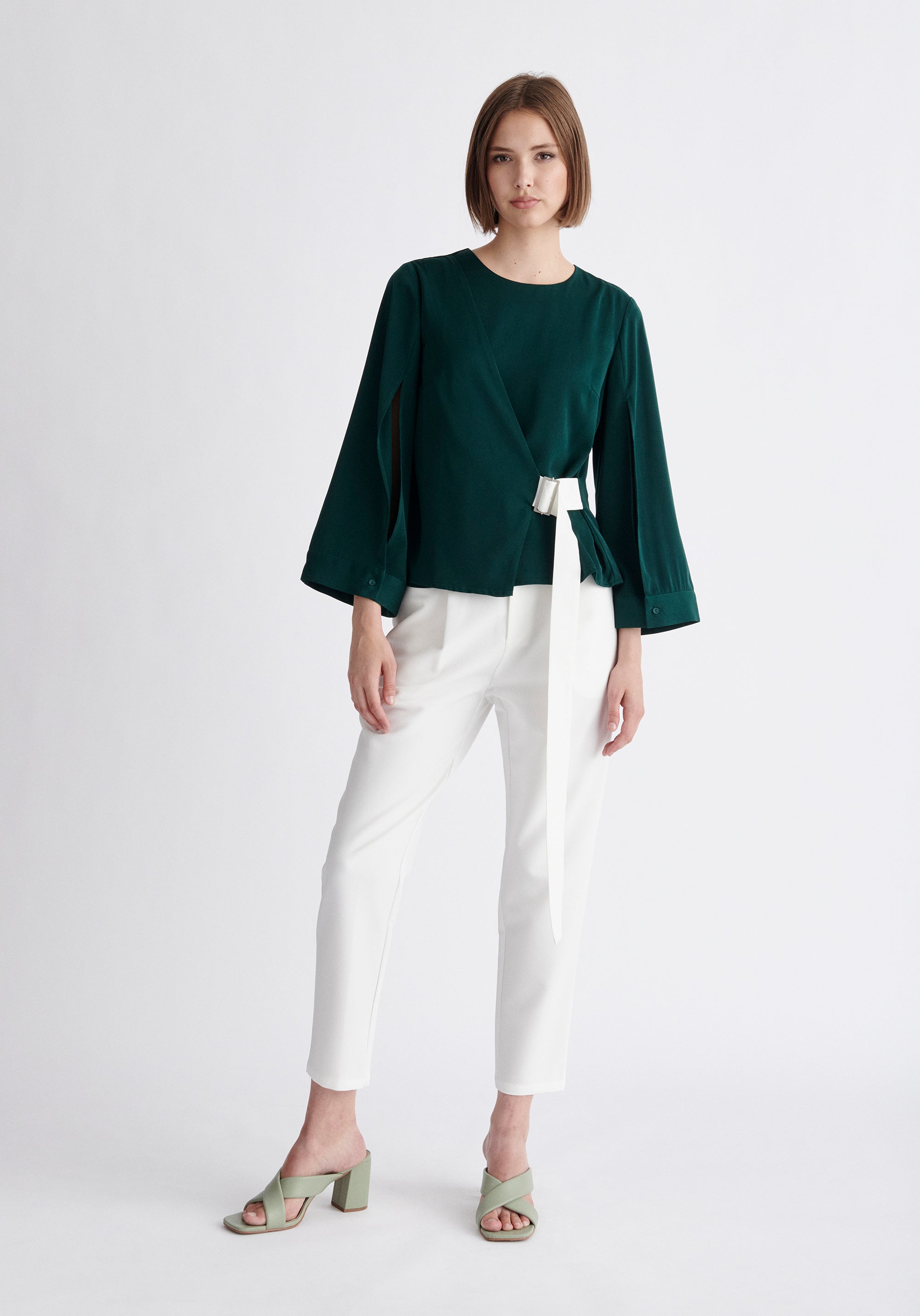 Paisie Wrap Top with Cape Sleeves in Dark Green and White