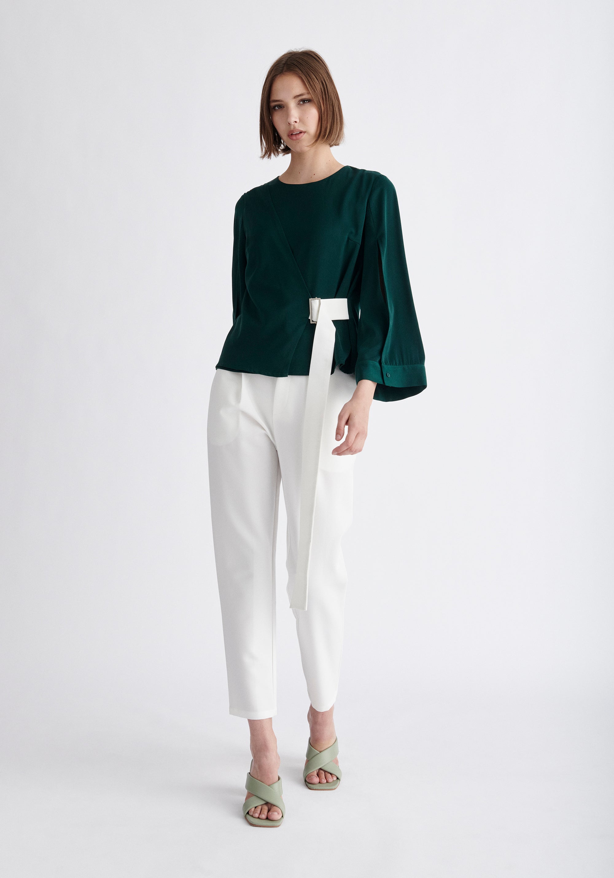 Paisie Wrap Top with Cape Sleeves in Dark Green and White