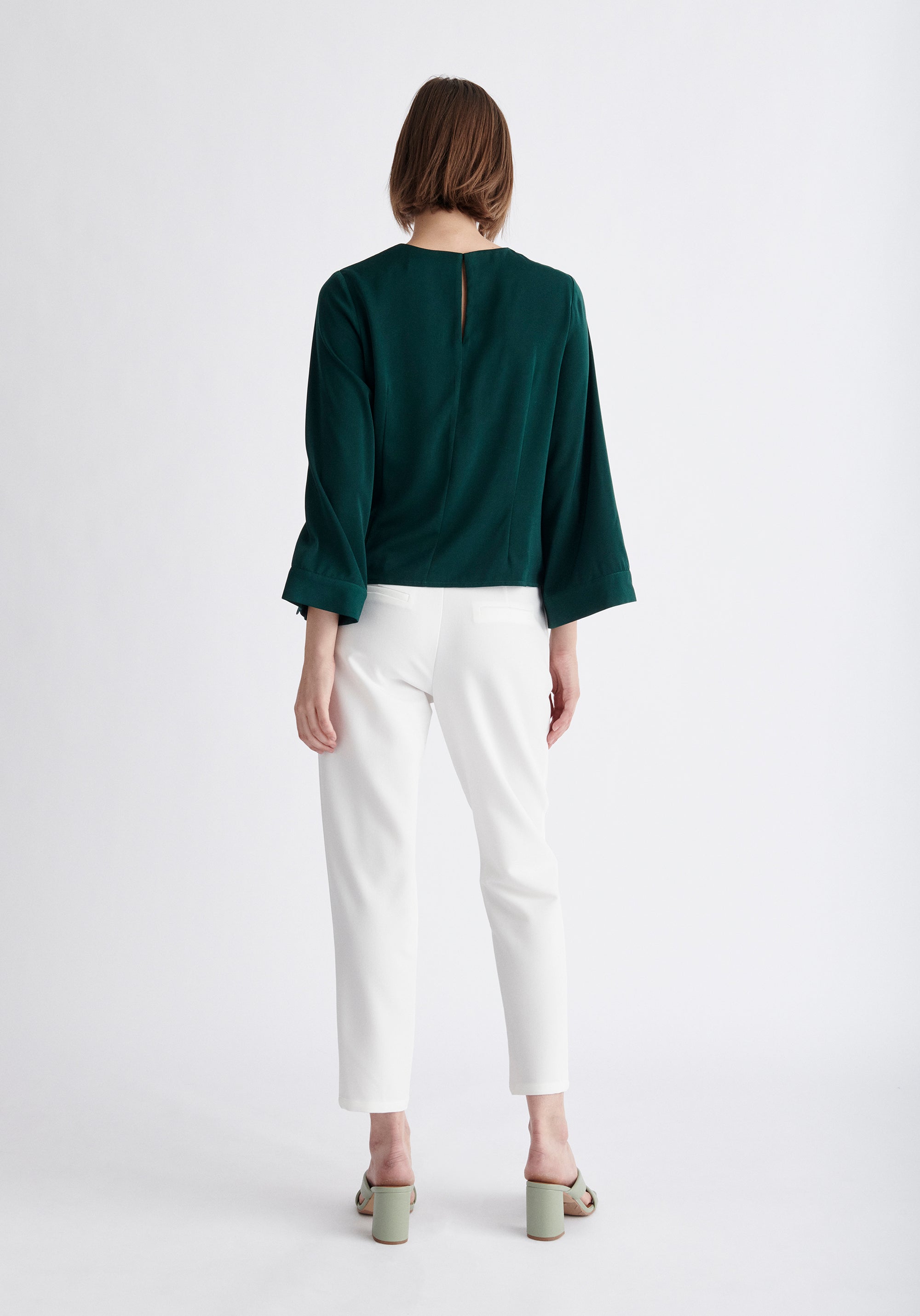 Paisie Wrap Top with Cape Sleeves in Dark Green and White Back