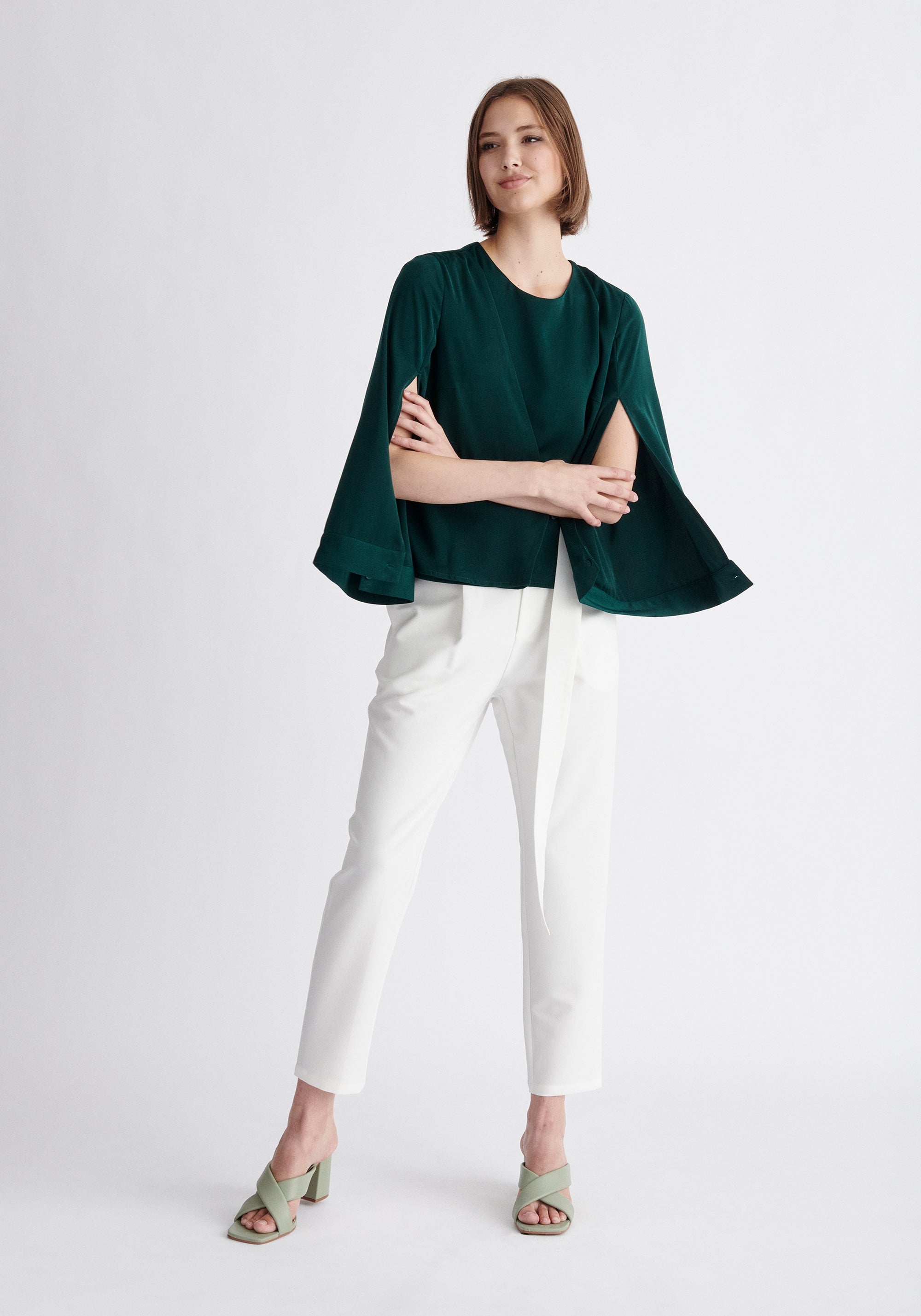Paisie Wrap Top with Cape Sleeves in Dark Green and White