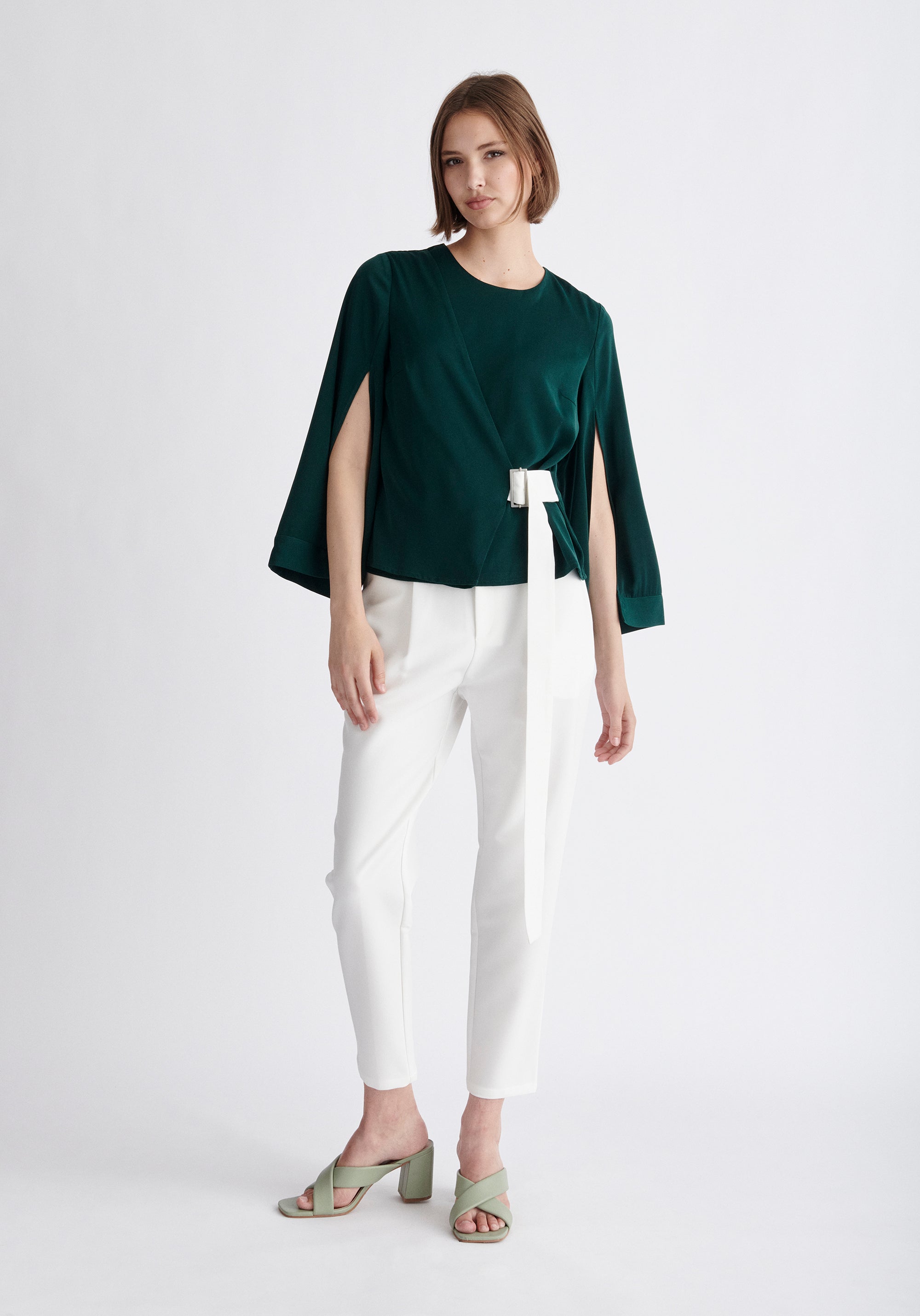 Paisie Wrap Top with Cape Sleeves in Dark Green and White