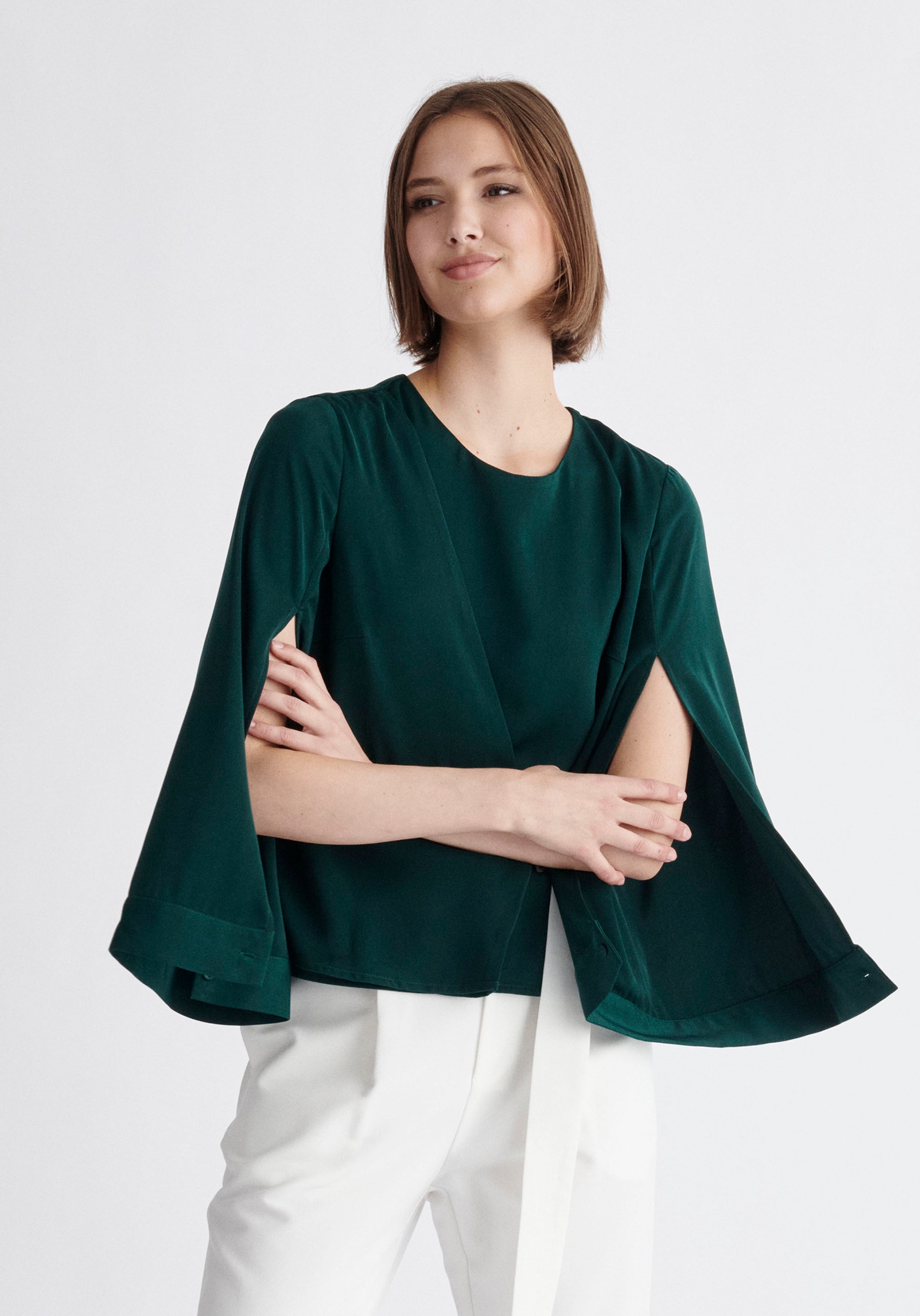 Paisie Wrap Top with Cape Sleeves in Dark Green and White