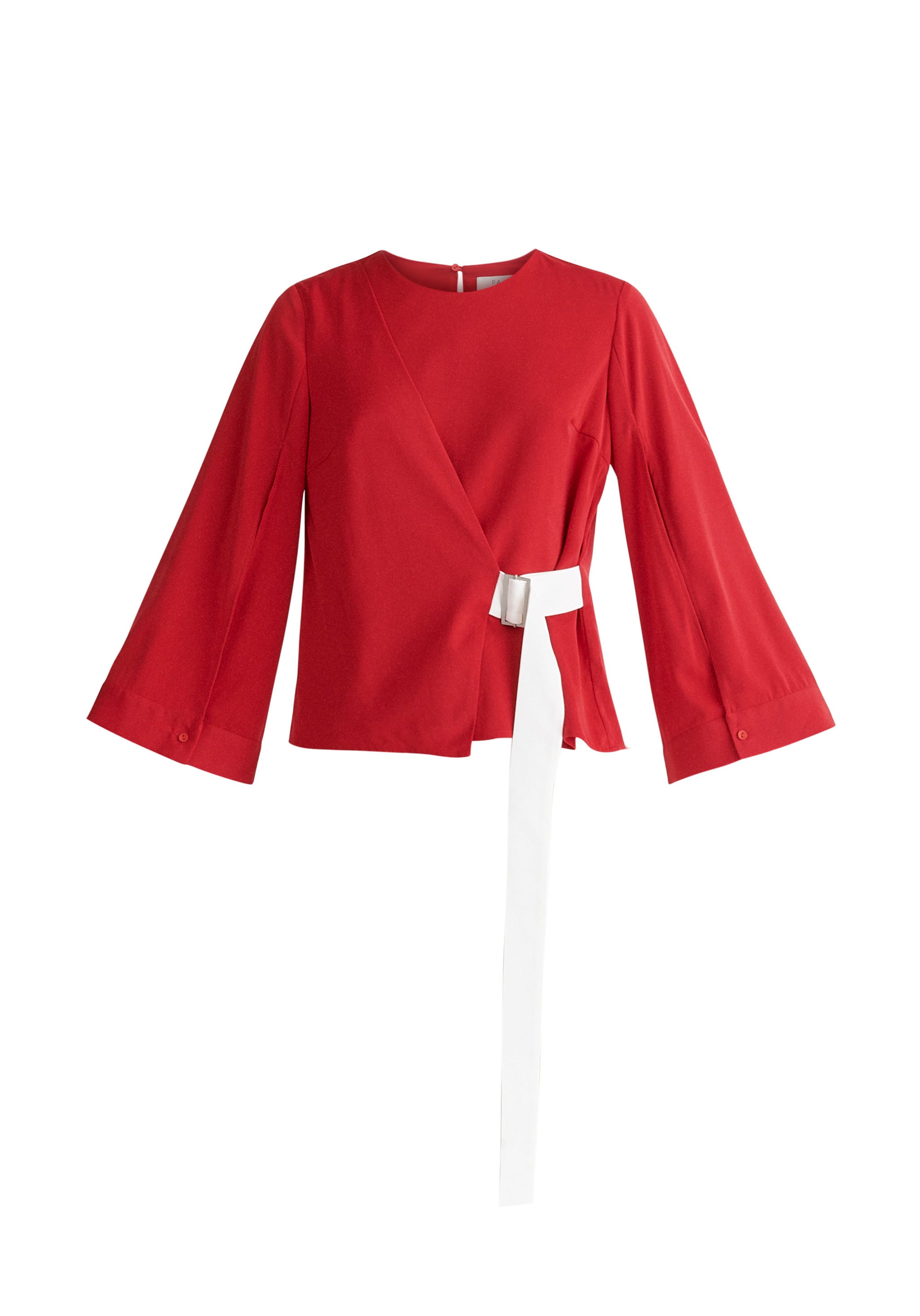 Paisie Wrap Top with Cape Sleeves in Red and White Cut Out