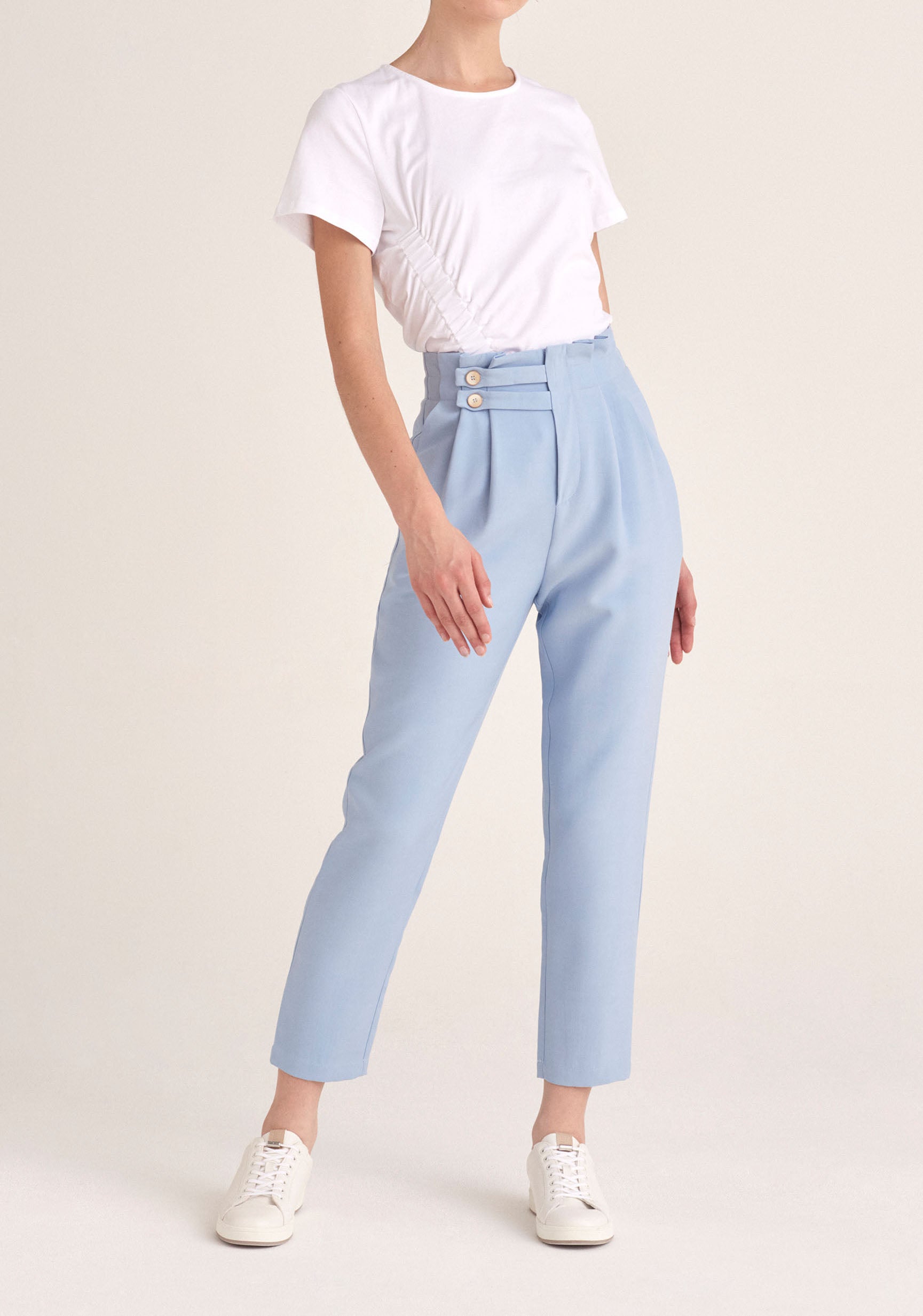 Paisie Ruched Short Sleeve Cotton Top in White