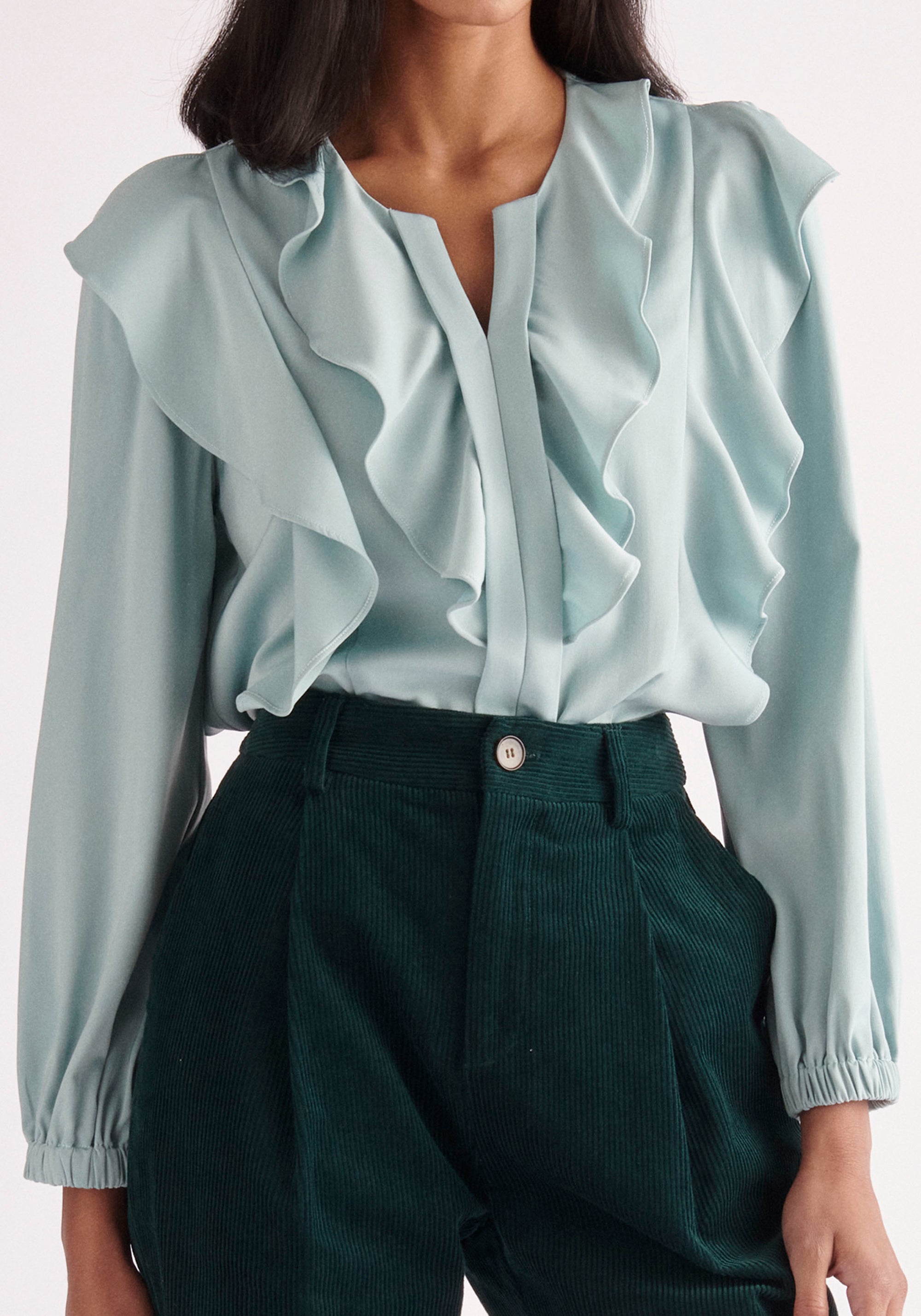 Paisie Double Ruffle Blouse in Teal Close Up