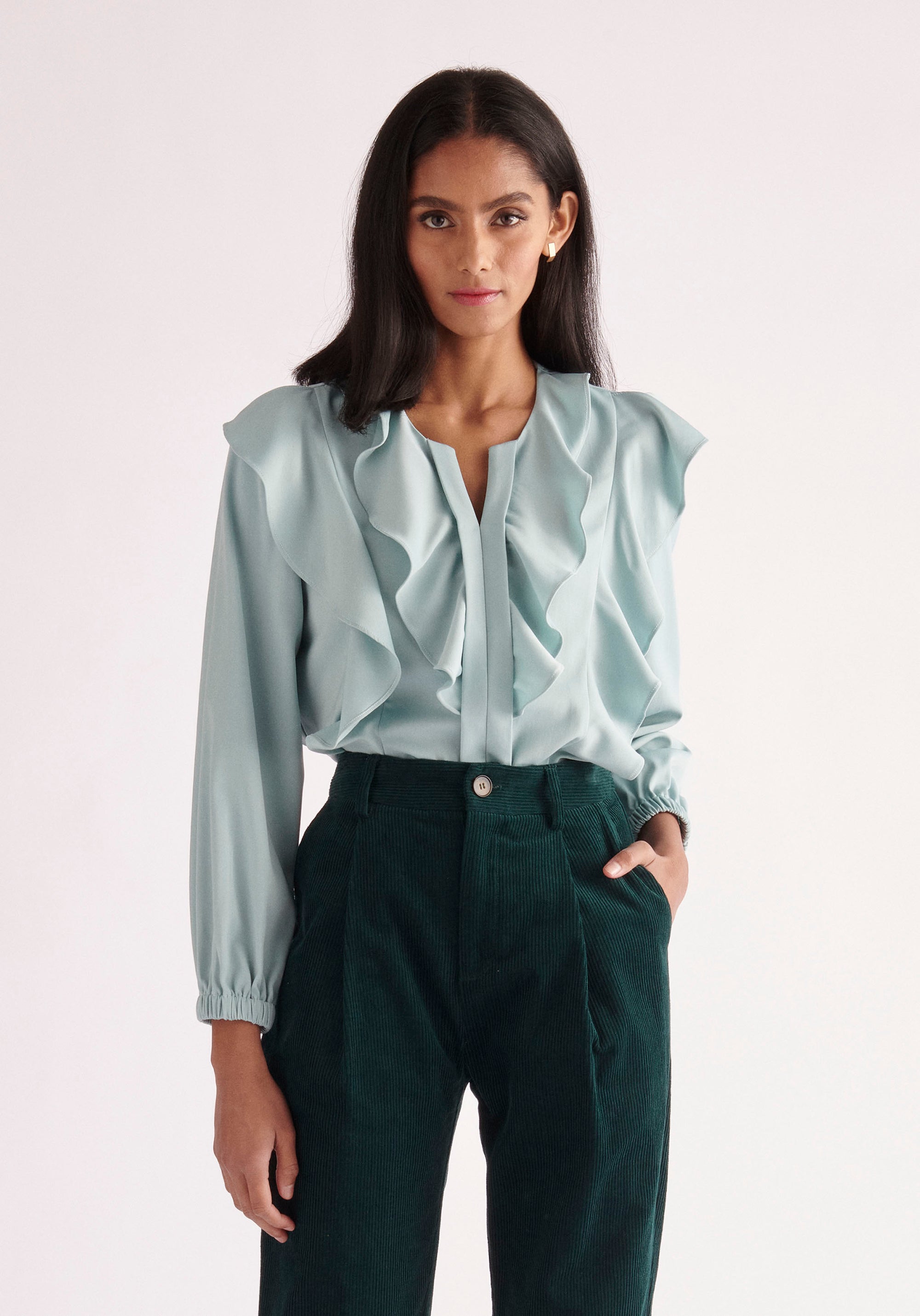 Paisie Double Ruffle Blouse in Teal