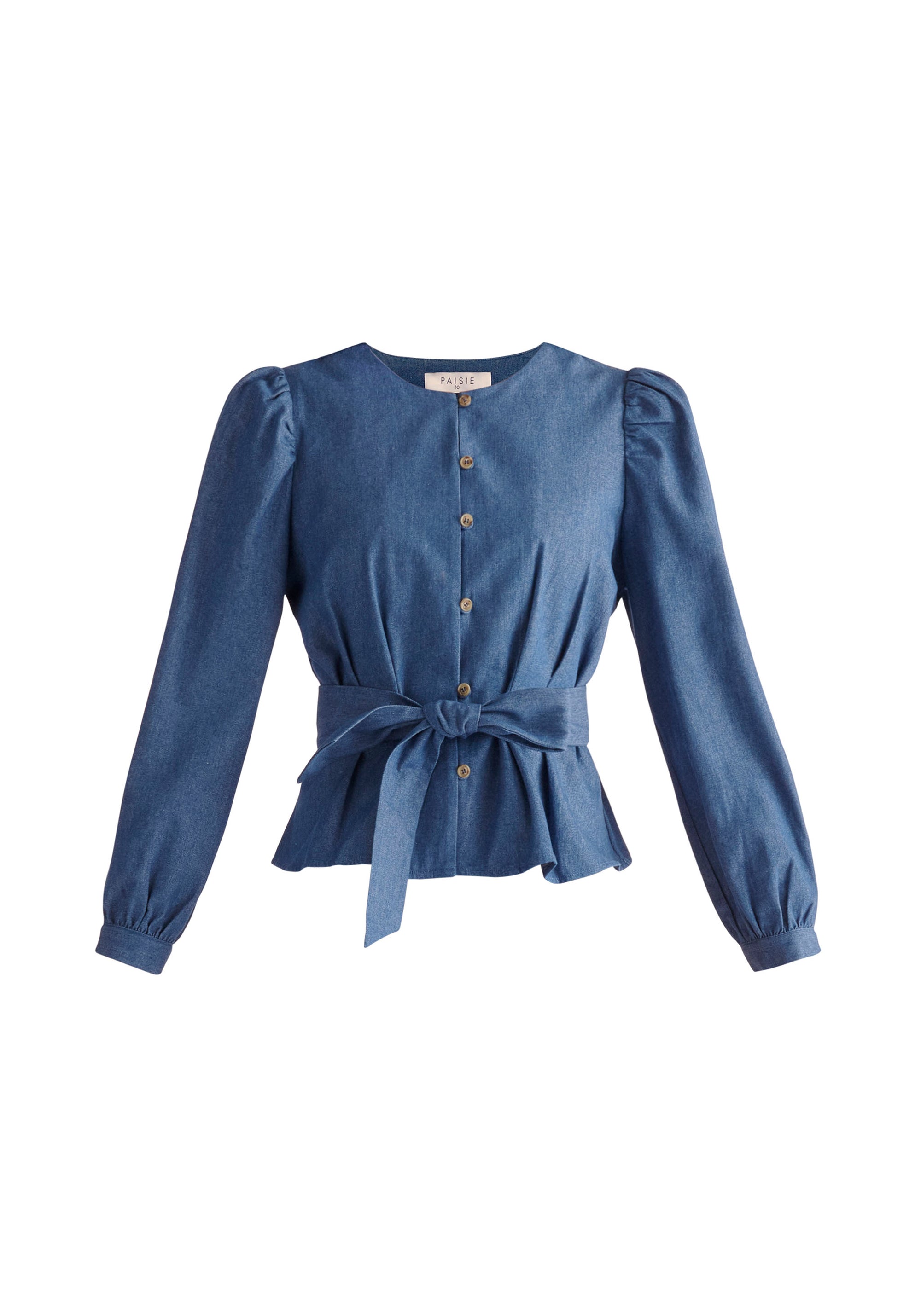 Paisie Long Sleeve Belted Denim Blouse in Light Blue Cut Out