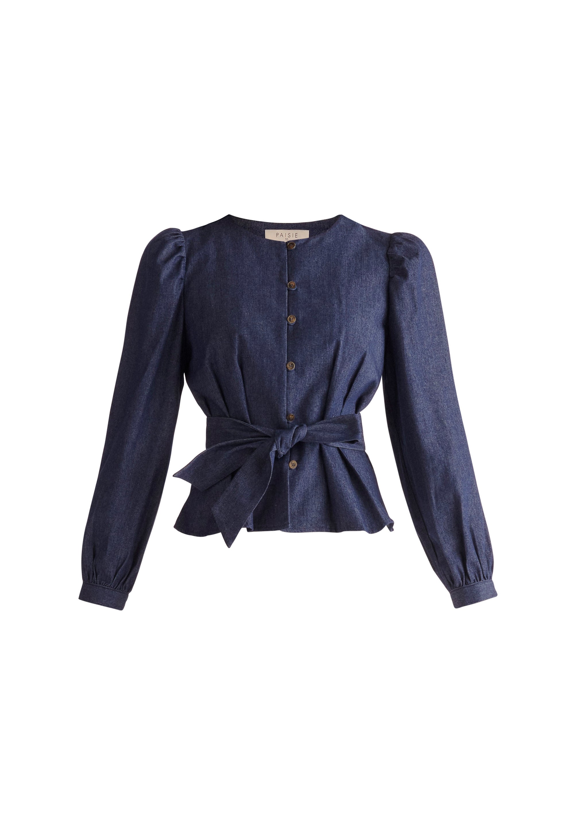 Paisie Long Sleeve Belted Denim Blouse in Dark Blue Cut Out