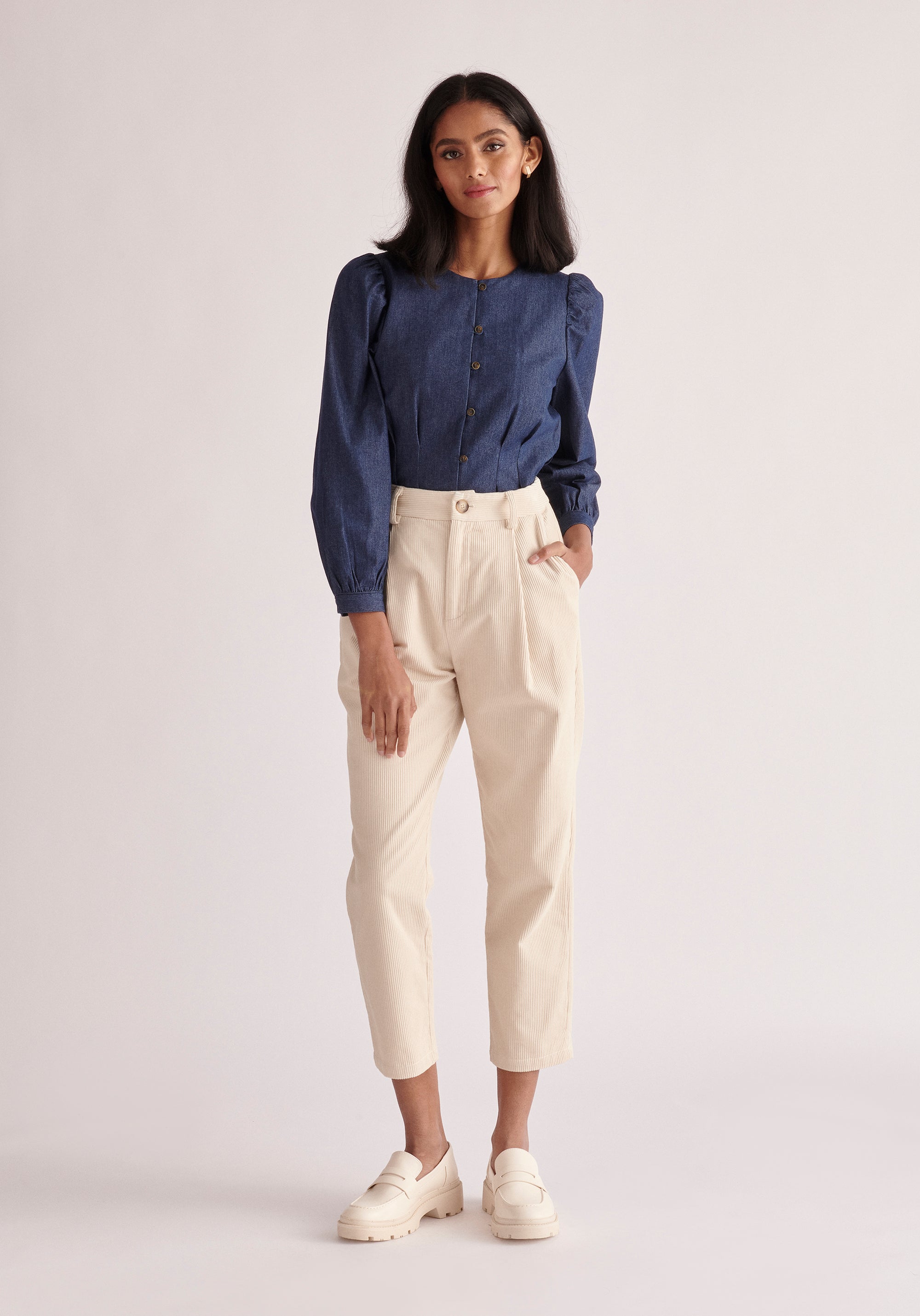 Paisie Long Sleeve Belted Denim Blouse in Dark Blue