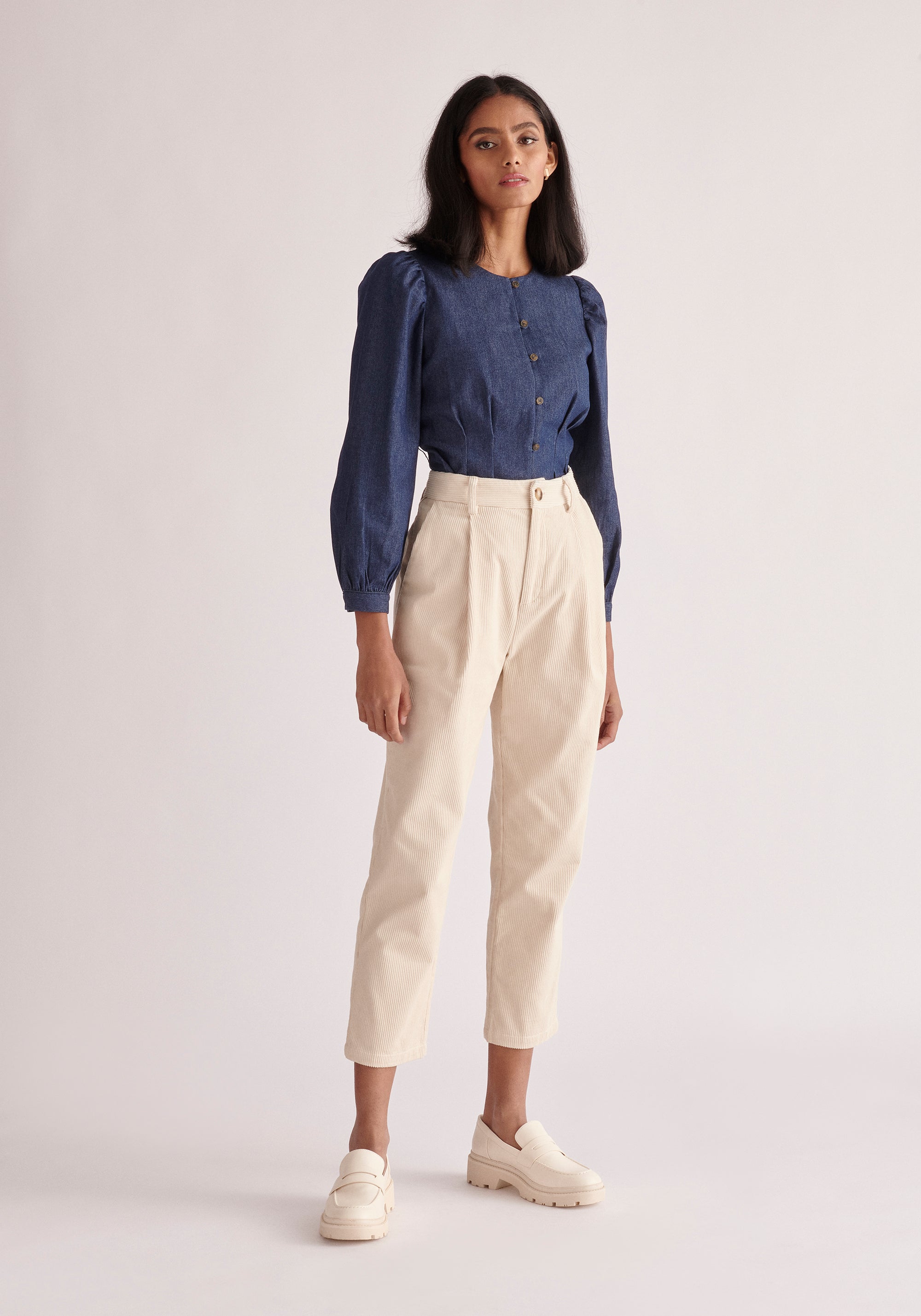 Paisie Long Sleeve Belted Denim Blouse in Dark Blue