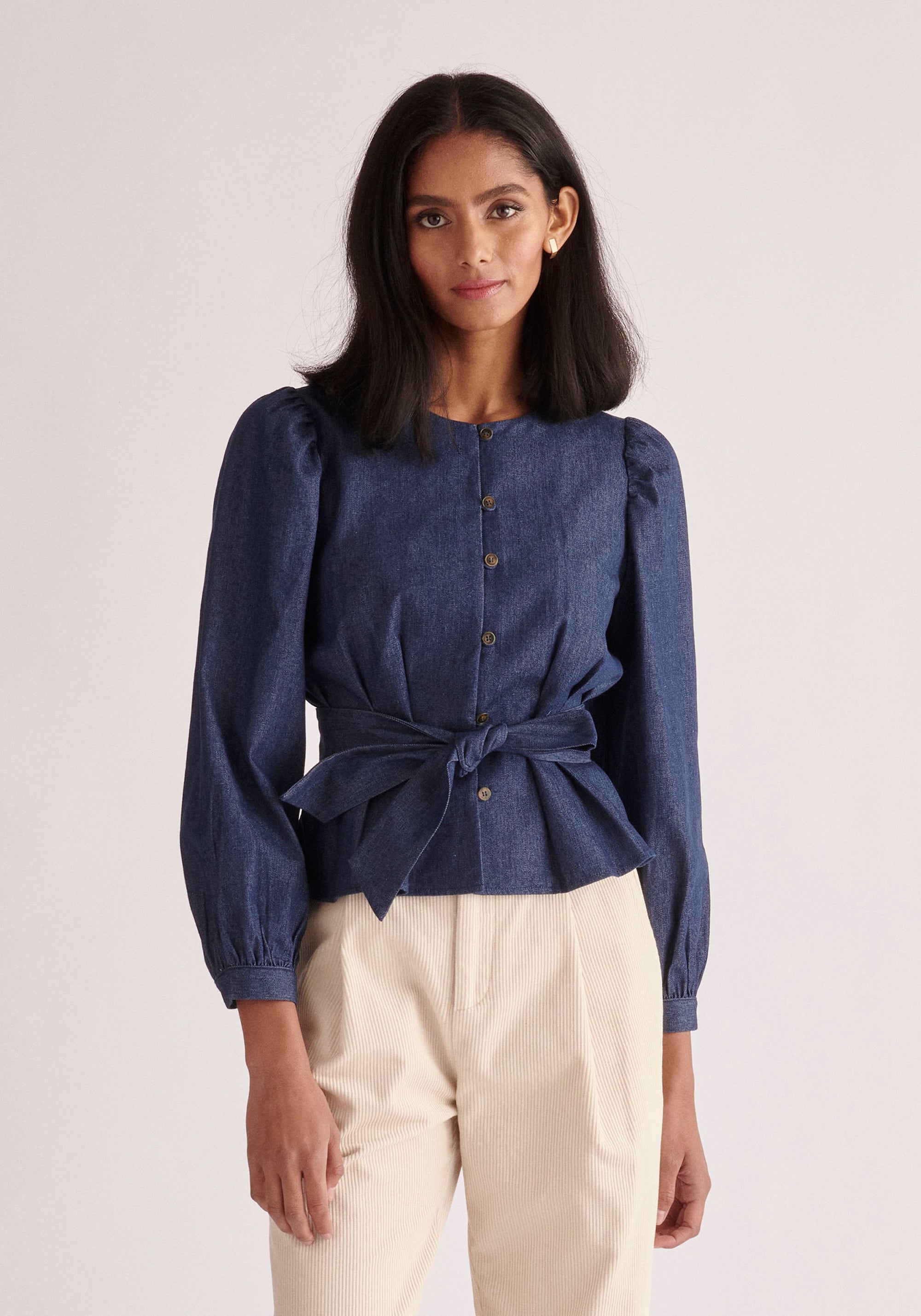 Paisie Long Sleeve Belted Denim Blouse in Dark Blue