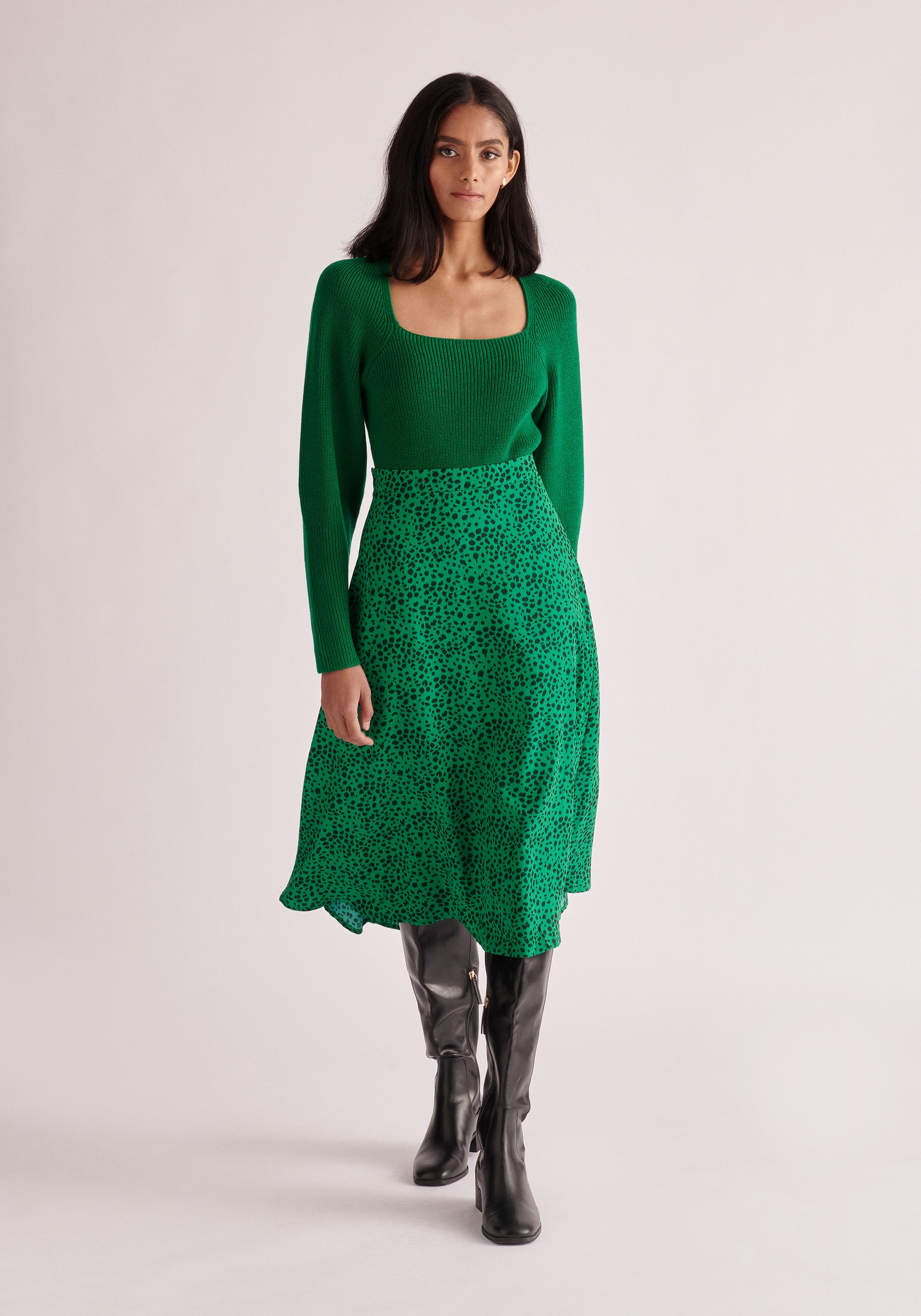 Paisie Dalmatian Print Midi Skirt in Green
