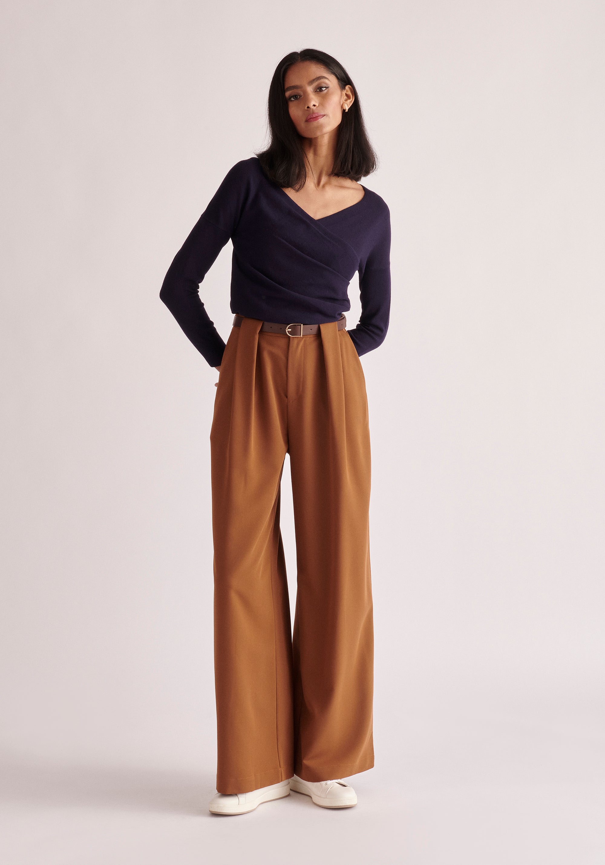 Paisie Belted Pleated Wide Leg Trousers in Brown