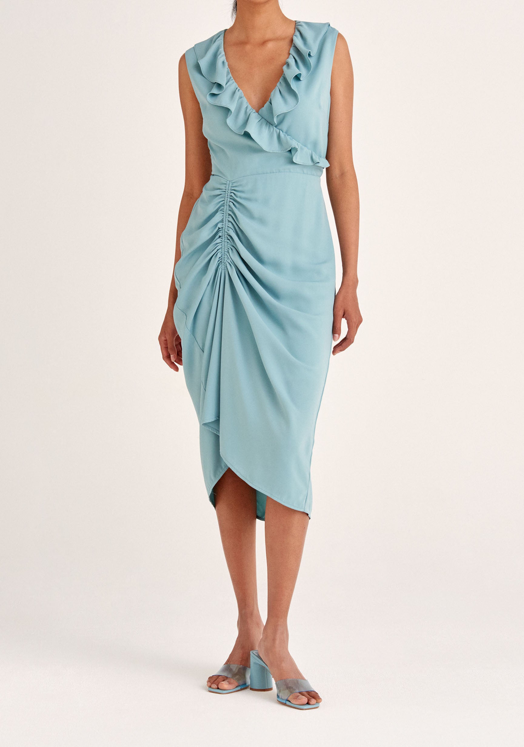 Paisie Ruched Midi Dress with Frills in Blue