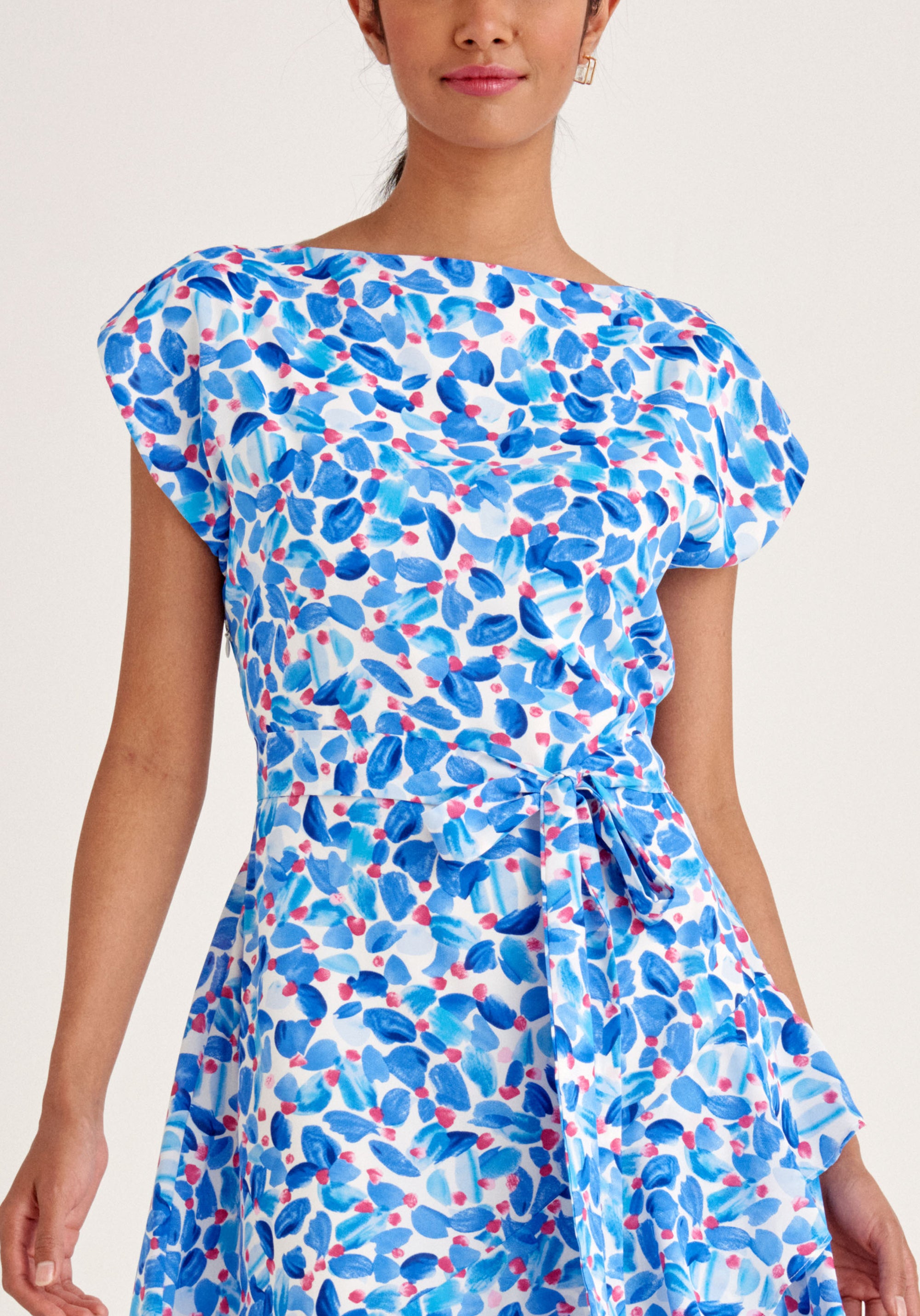 Paisie Belted Floral Boat Neck Dress in Blue Close Up