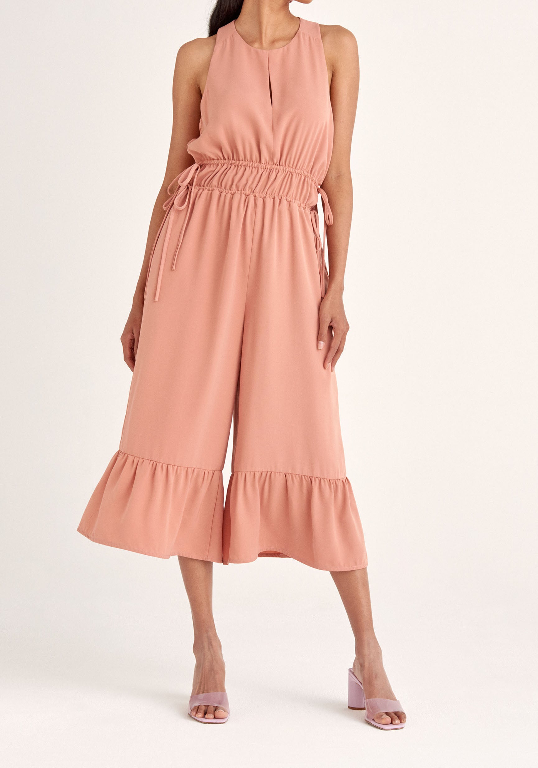 Paisie Drawstring Halterneck Culotte Jumpsuit in Pink