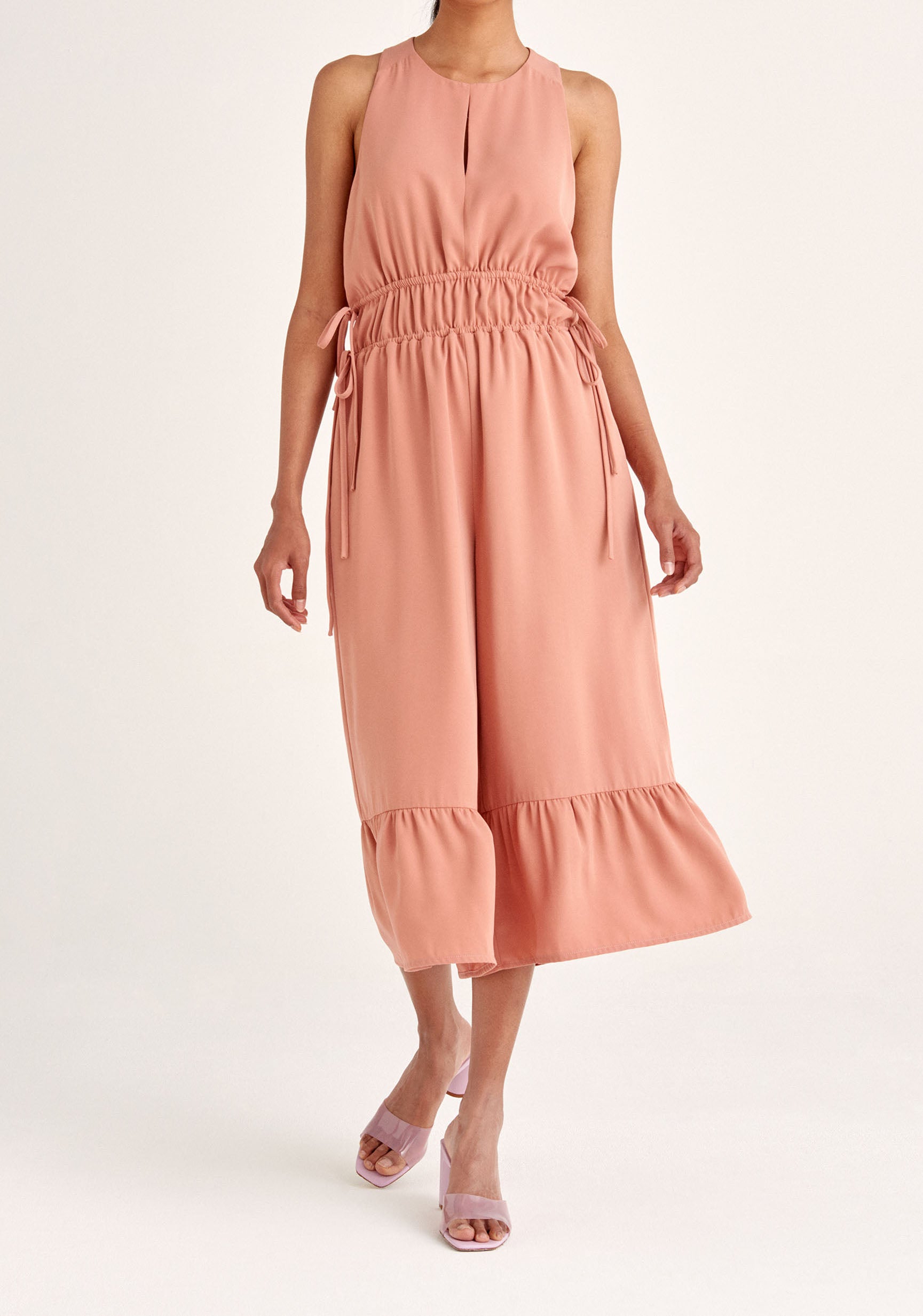 Paisie Drawstring Halterneck Culotte Jumpsuit in Pink