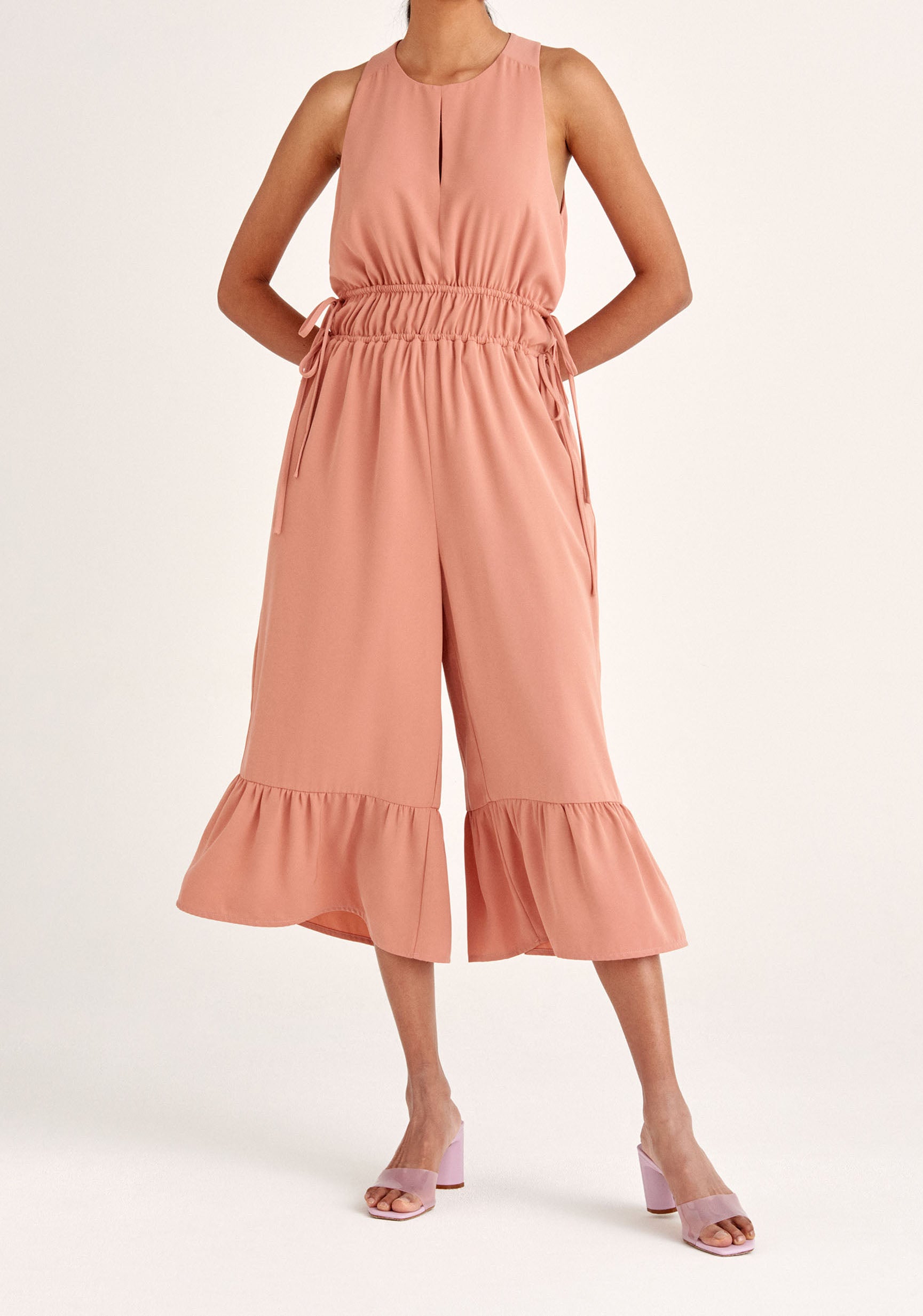 Paisie Drawstring Halterneck Culotte Jumpsuit in Pink