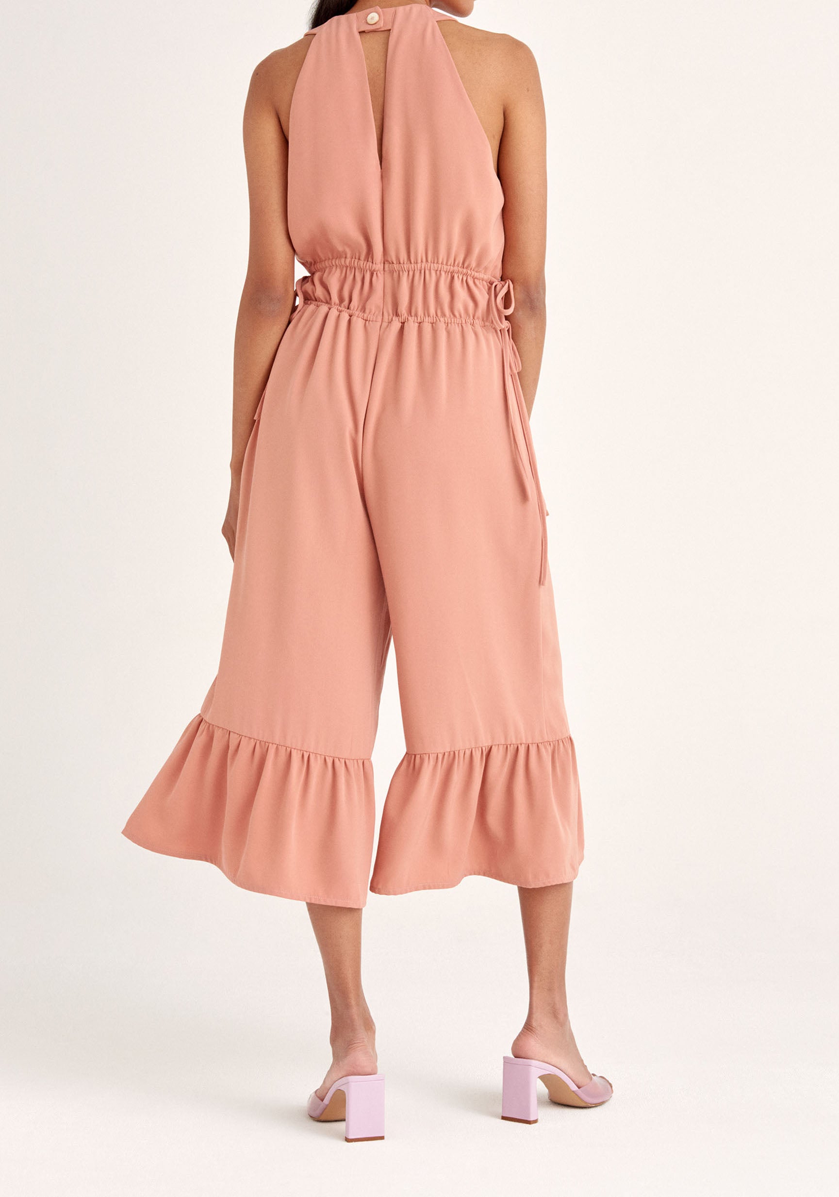 Paisie Drawstring Halterneck Culotte Jumpsuit in Pink Back