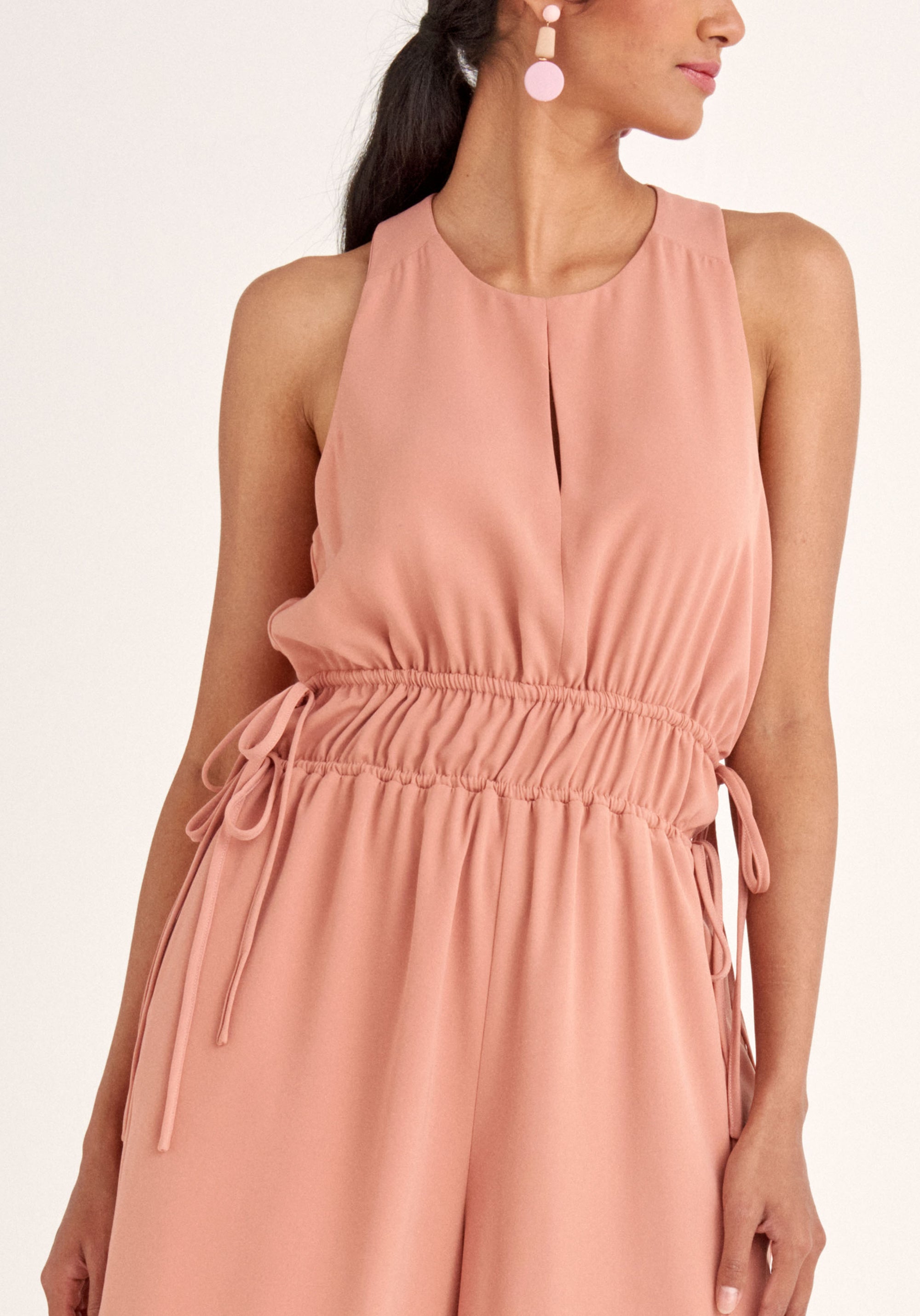 Paisie Drawstring Halterneck Culotte Jumpsuit in Pink Close Up