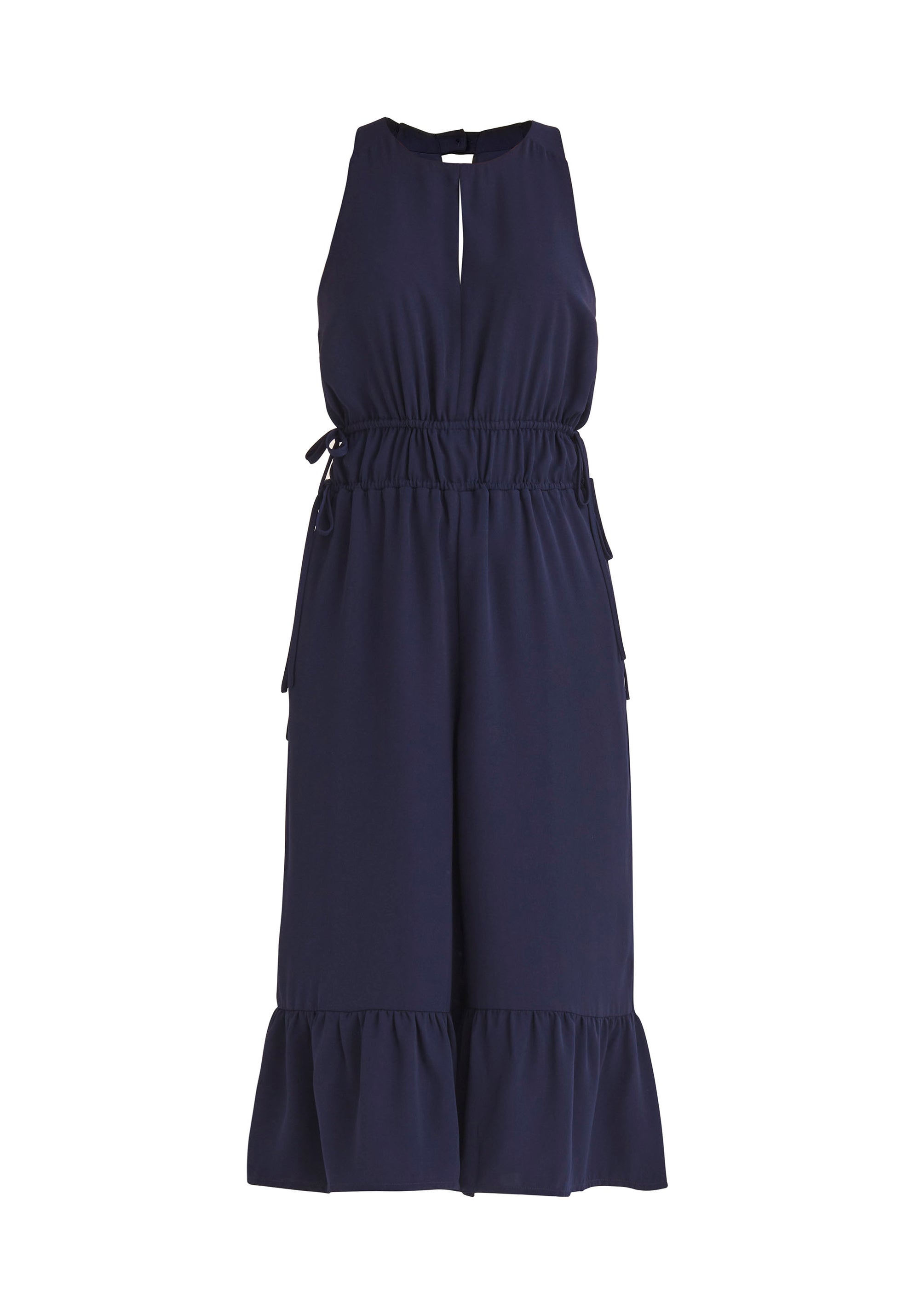 Paisie Drawstring Halterneck Culotte Jumpsuit in Navy Cut Out