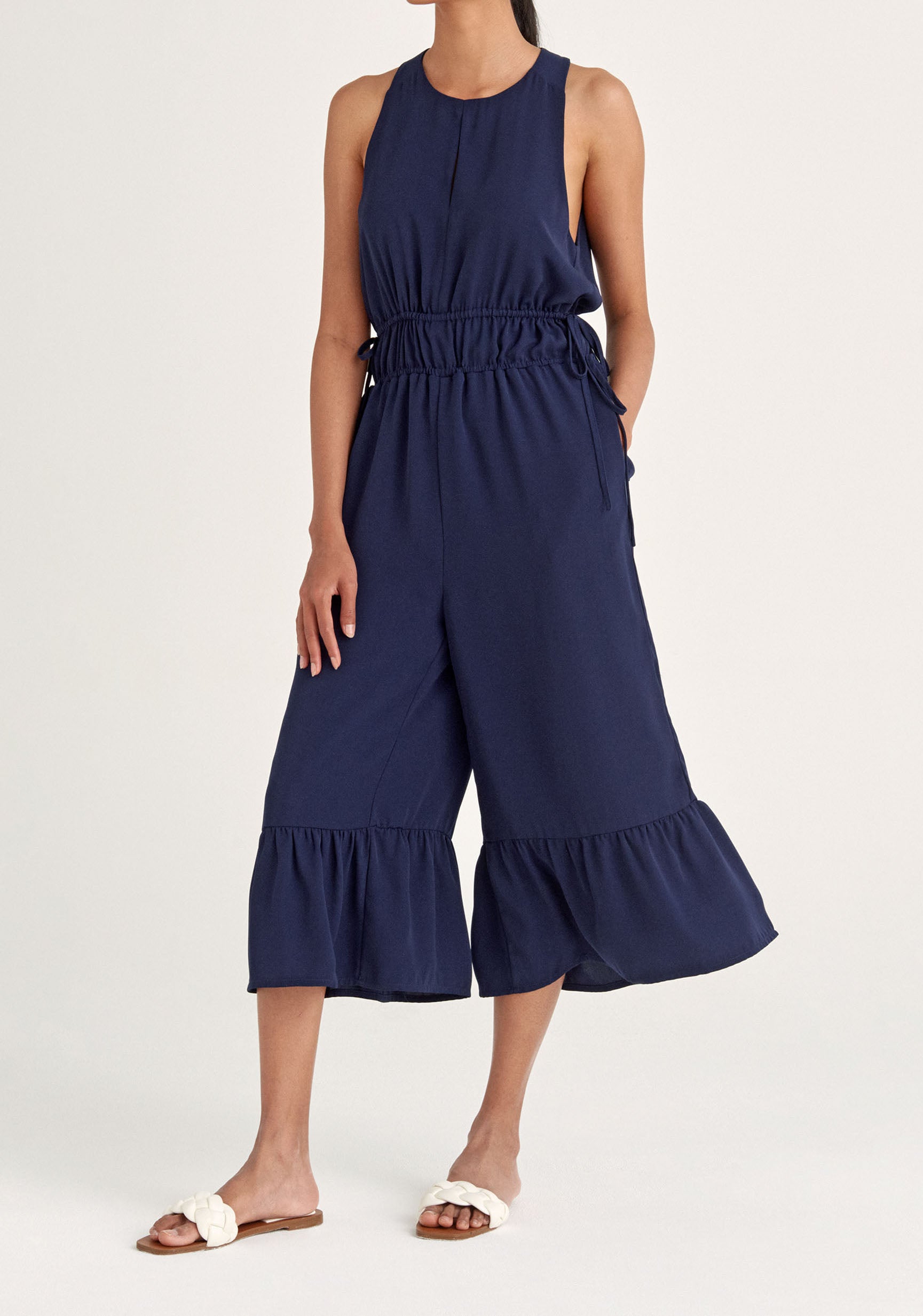 Paisie Drawstring Halterneck Culotte Jumpsuit in Navy