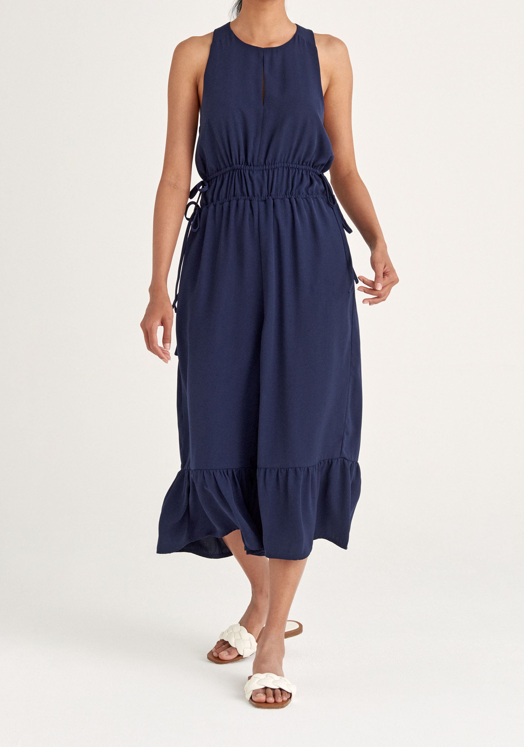 Paisie Drawstring Halterneck Culotte Jumpsuit in Navy