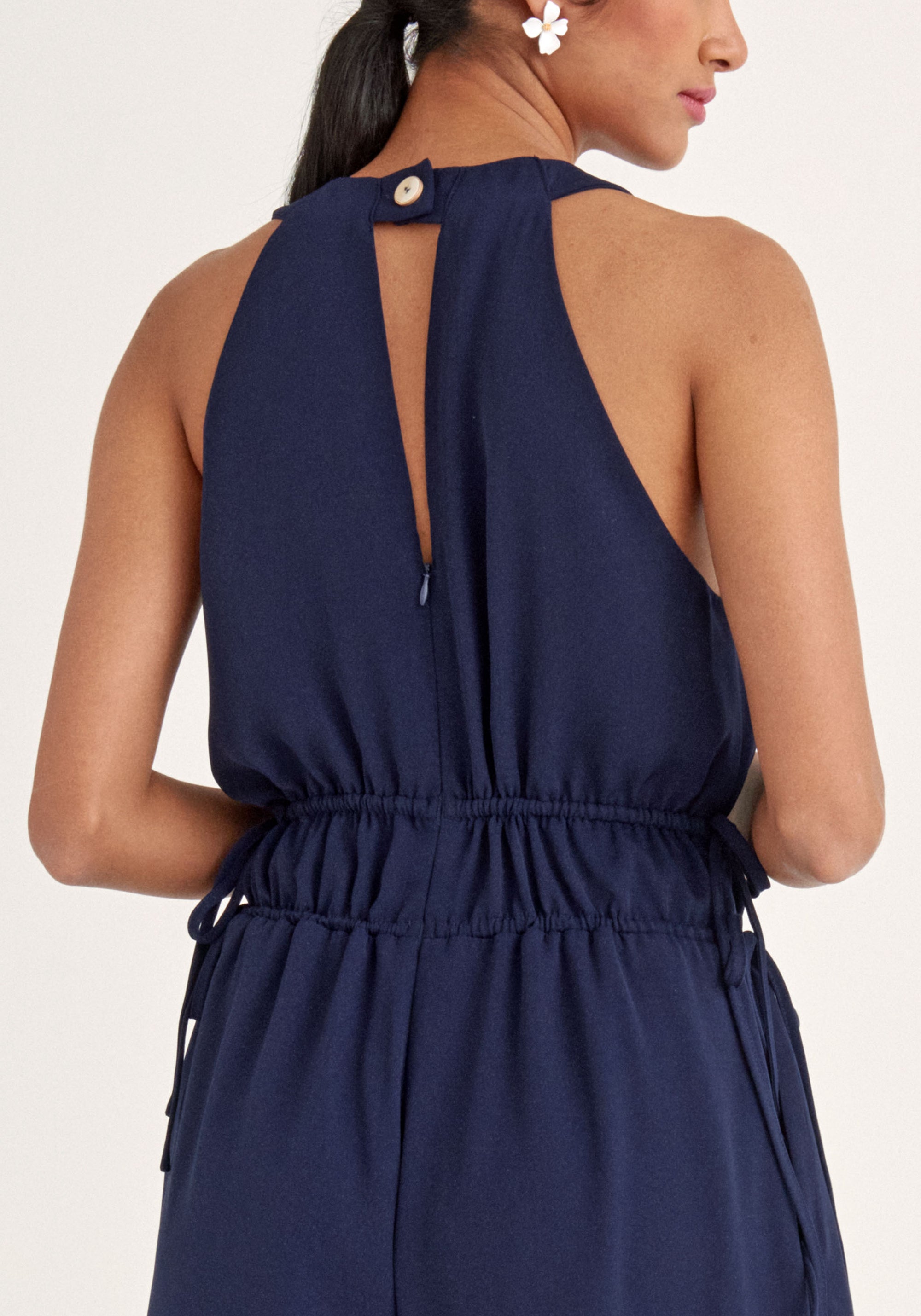 Paisie Drawstring Halterneck Culotte Jumpsuit in Navy Close Up
