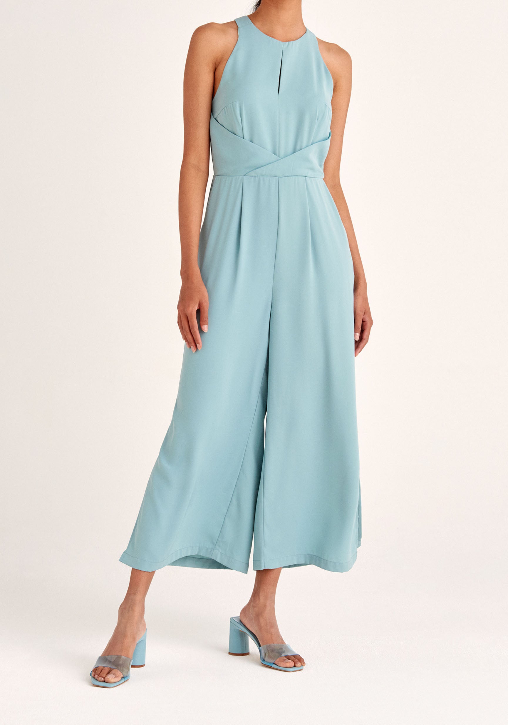 Paisie Detailed Waist Halterneck Jumpsuit in Teal
