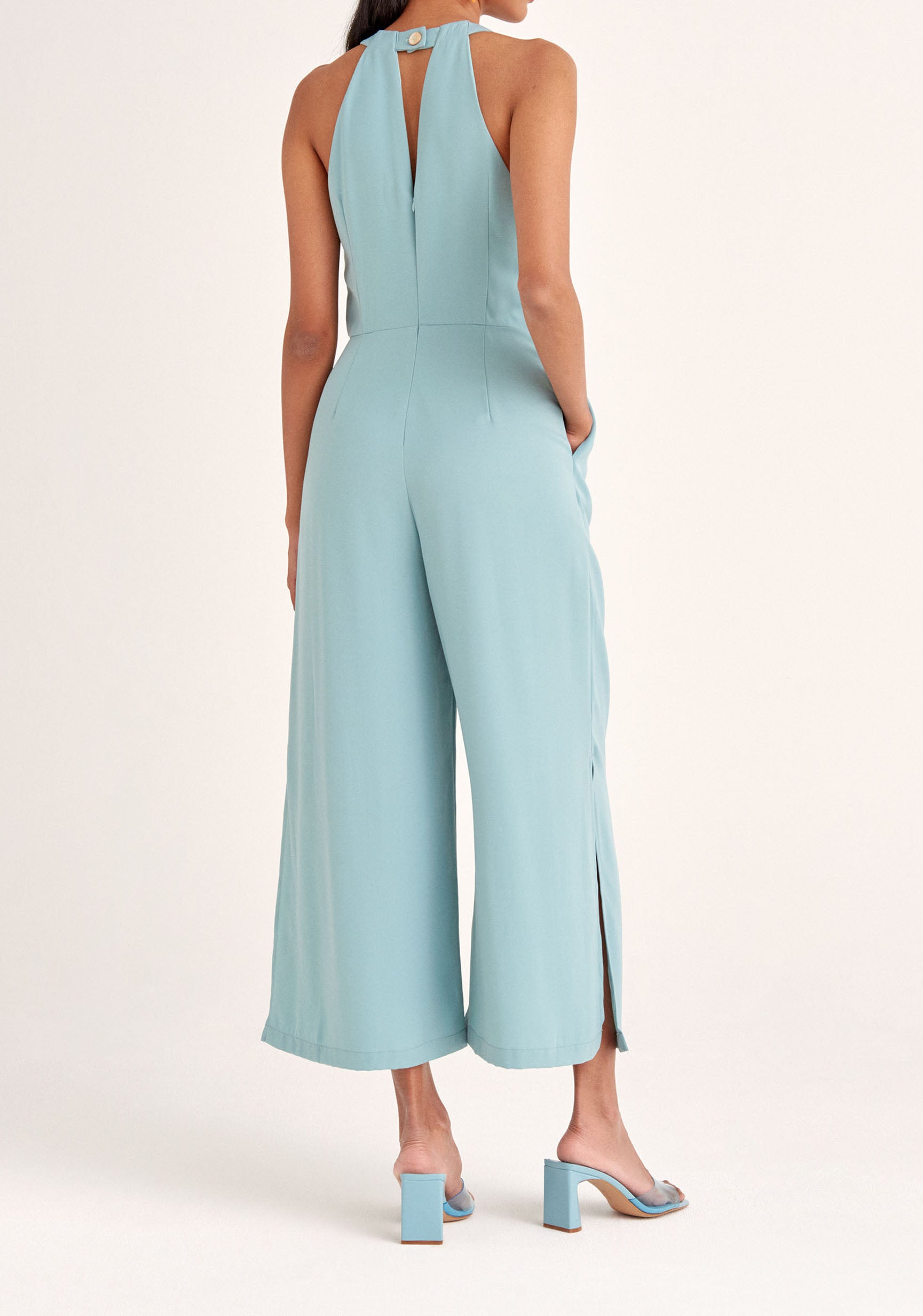 Paisie Detailed Waist Halterneck Jumpsuit in Teal Back