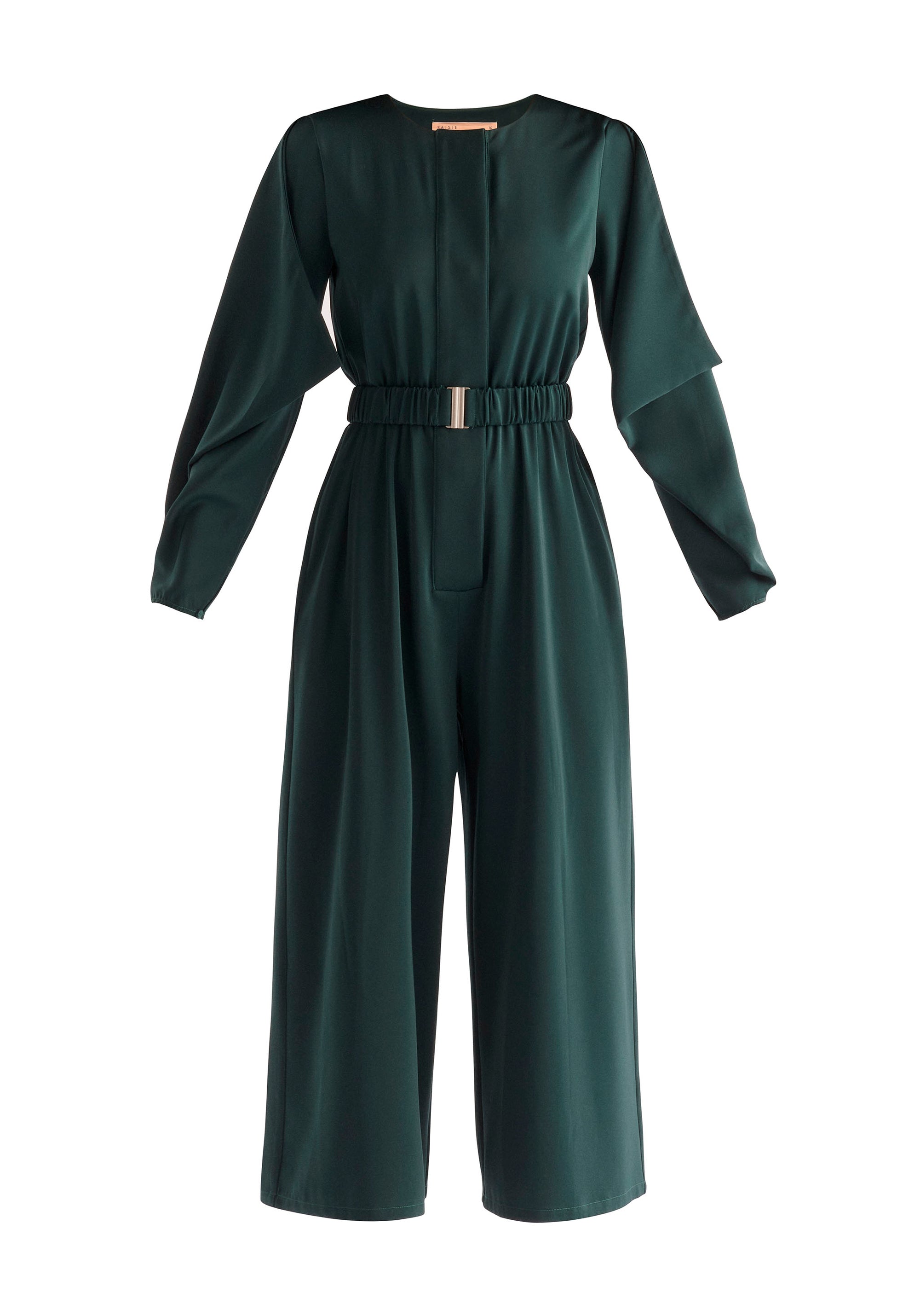 Paisie Belted Satin Jumpsuit in Dark Green Cut Out