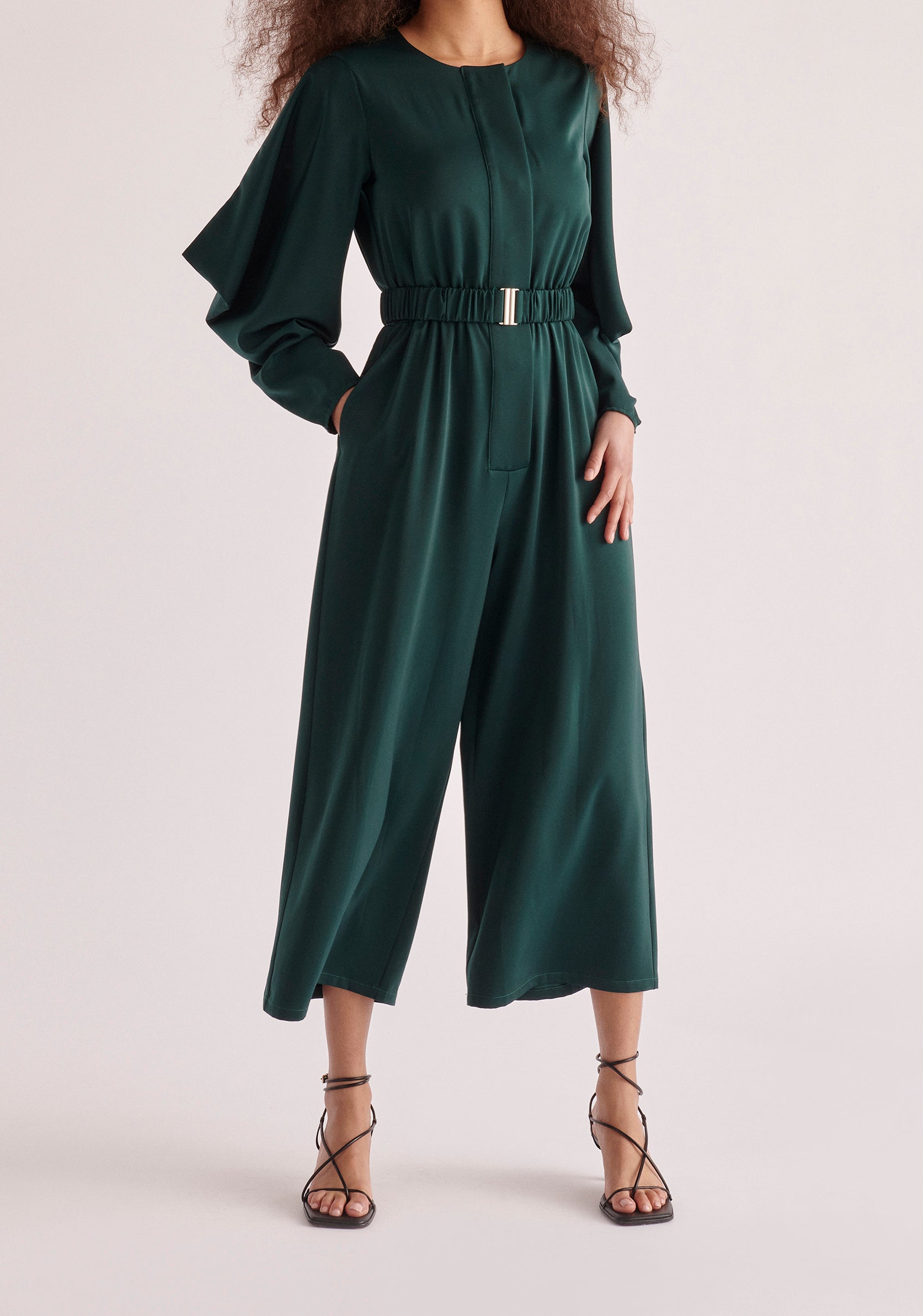 Paisie Belted Satin Jumpsuit in Dark Green