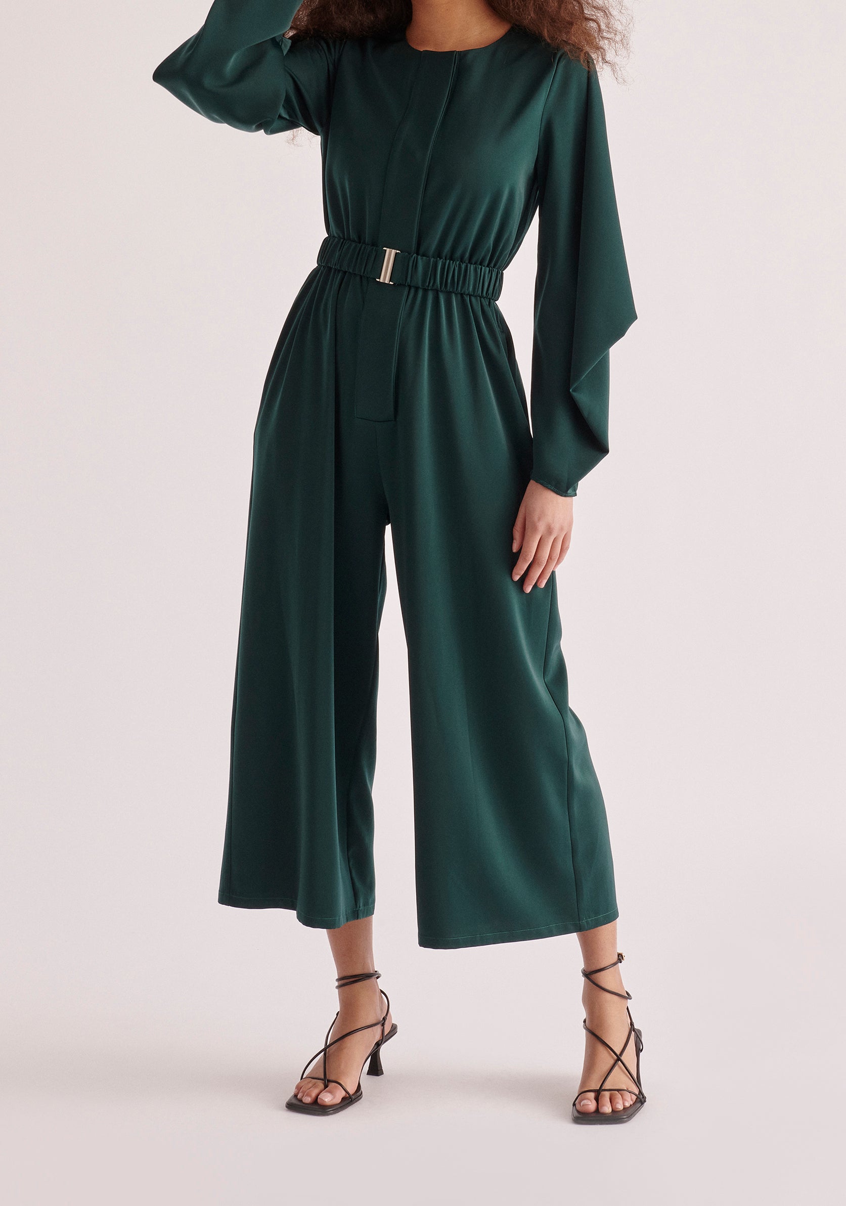 Paisie Belted Satin Jumpsuit in Dark Green