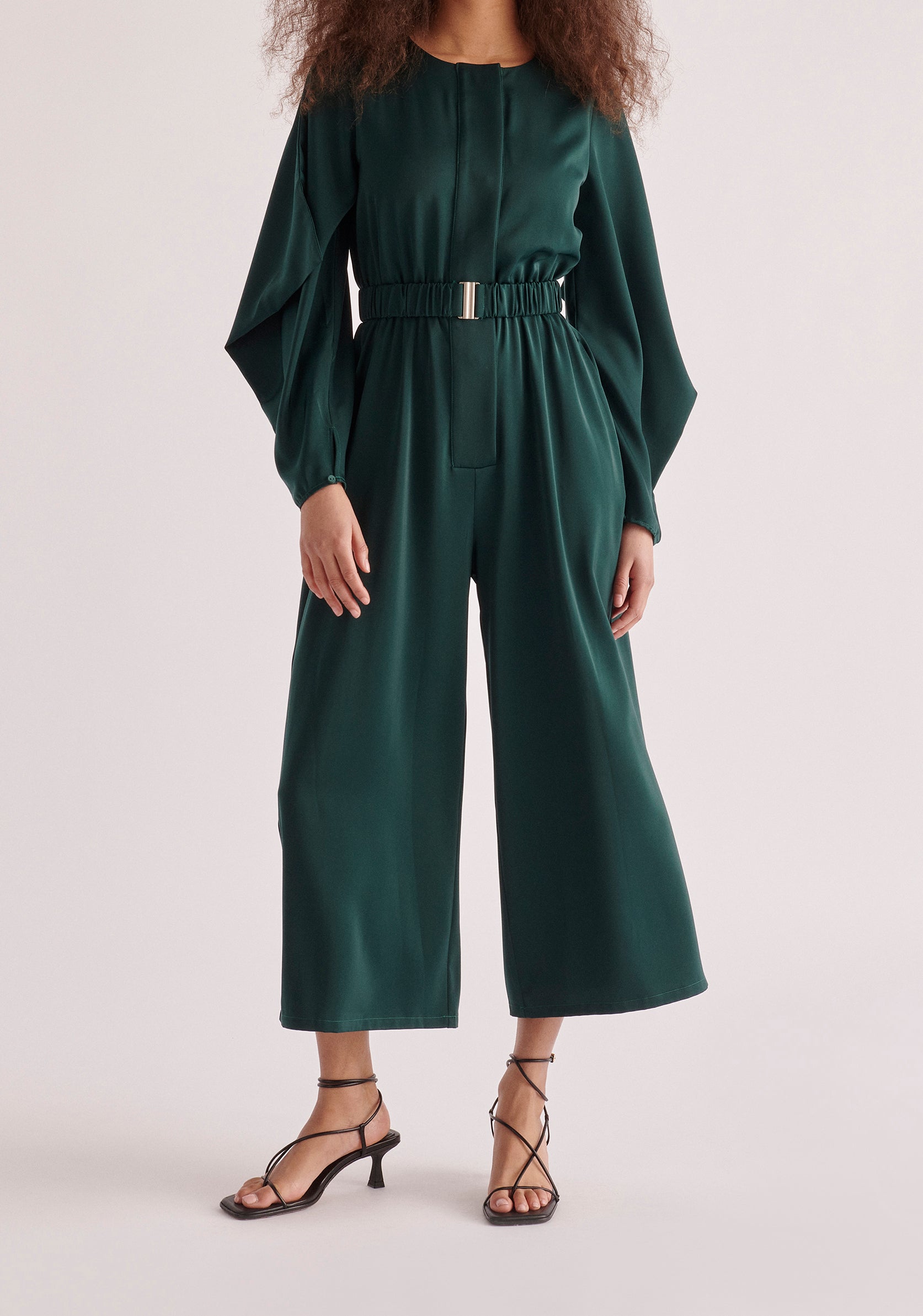 Paisie Belted Satin Jumpsuit in Dark Green