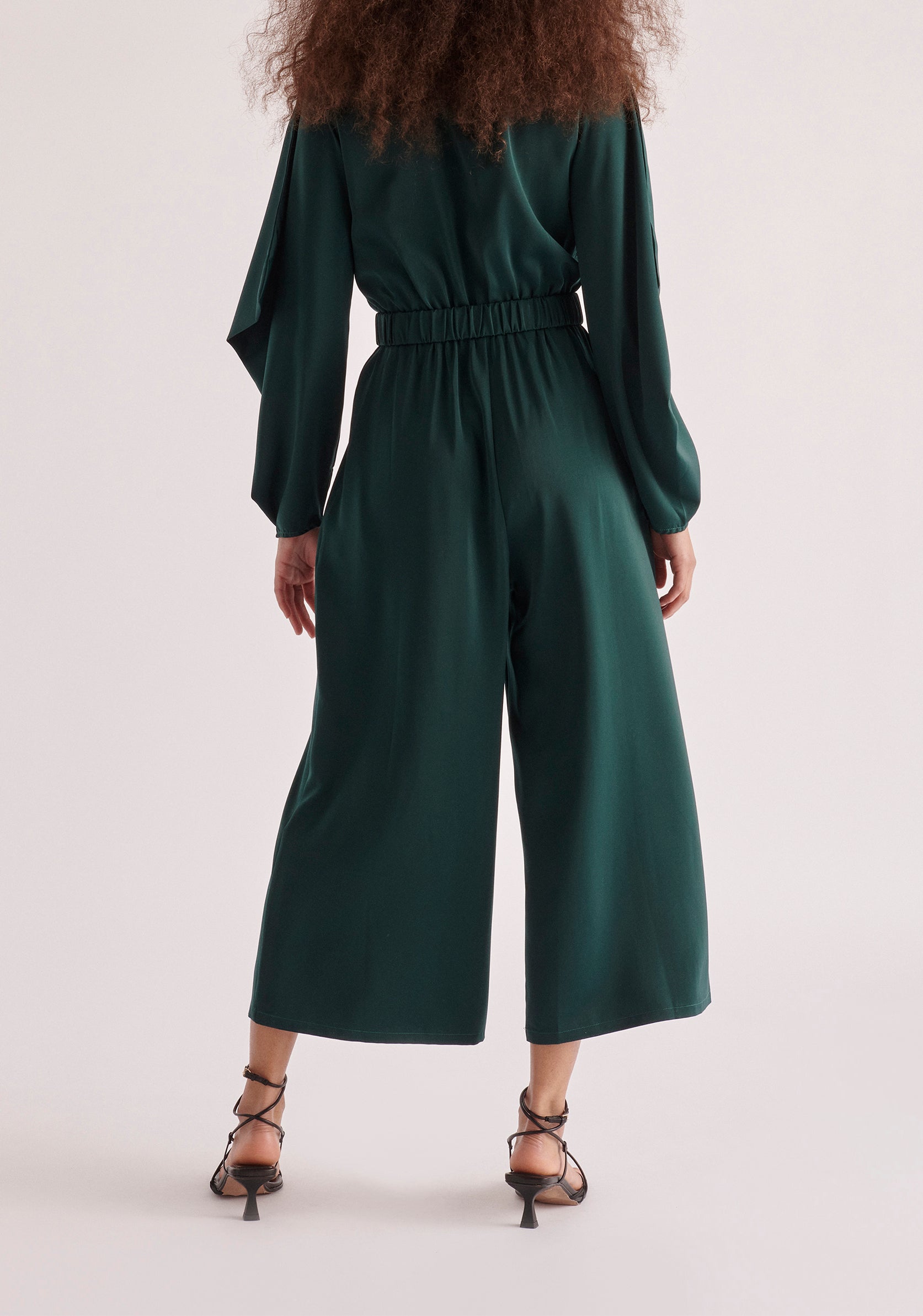 Paisie Belted Satin Jumpsuit in Dark Green Back