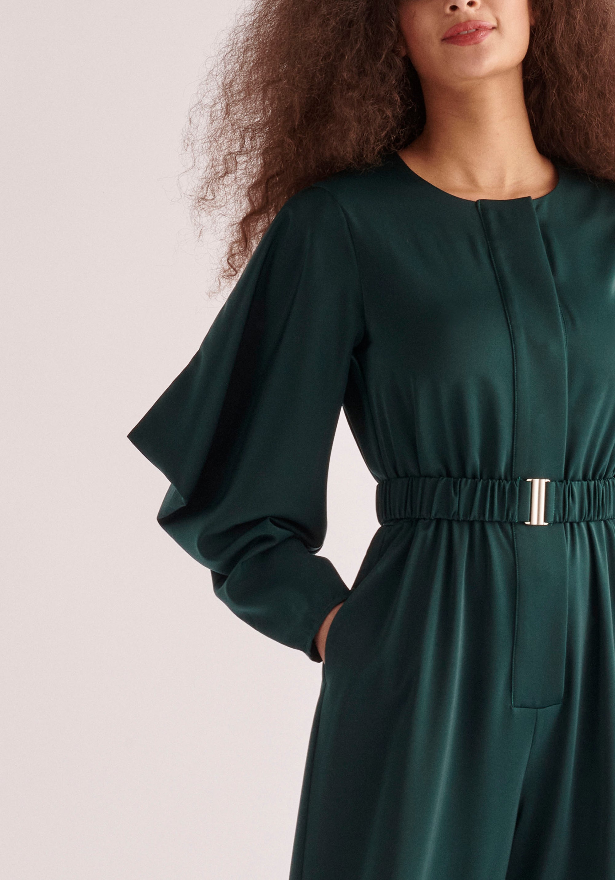 Paisie Belted Satin Jumpsuit in Dark Green Close Up