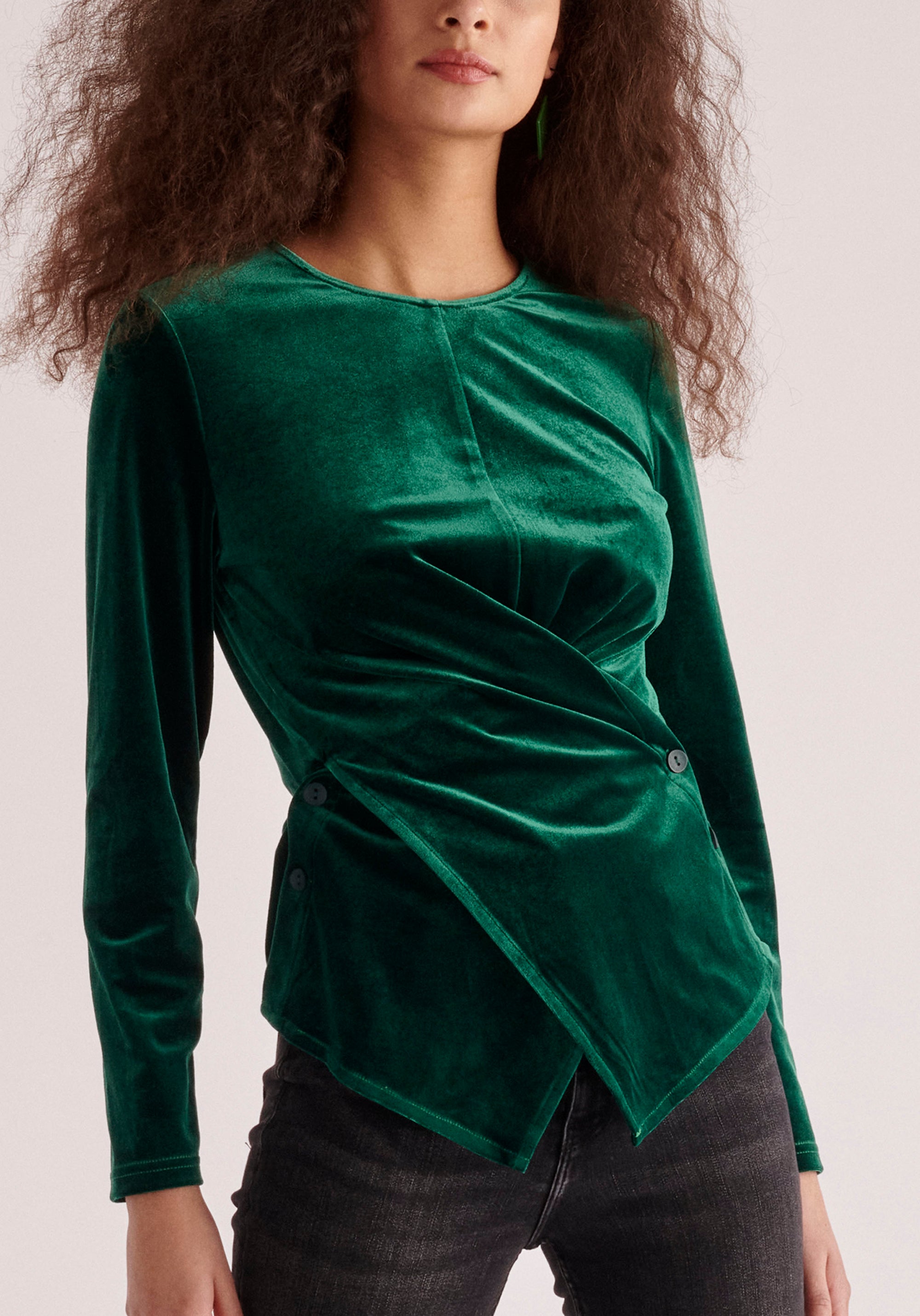 Paisie Draped Velvet Top in Dark Green Close Up