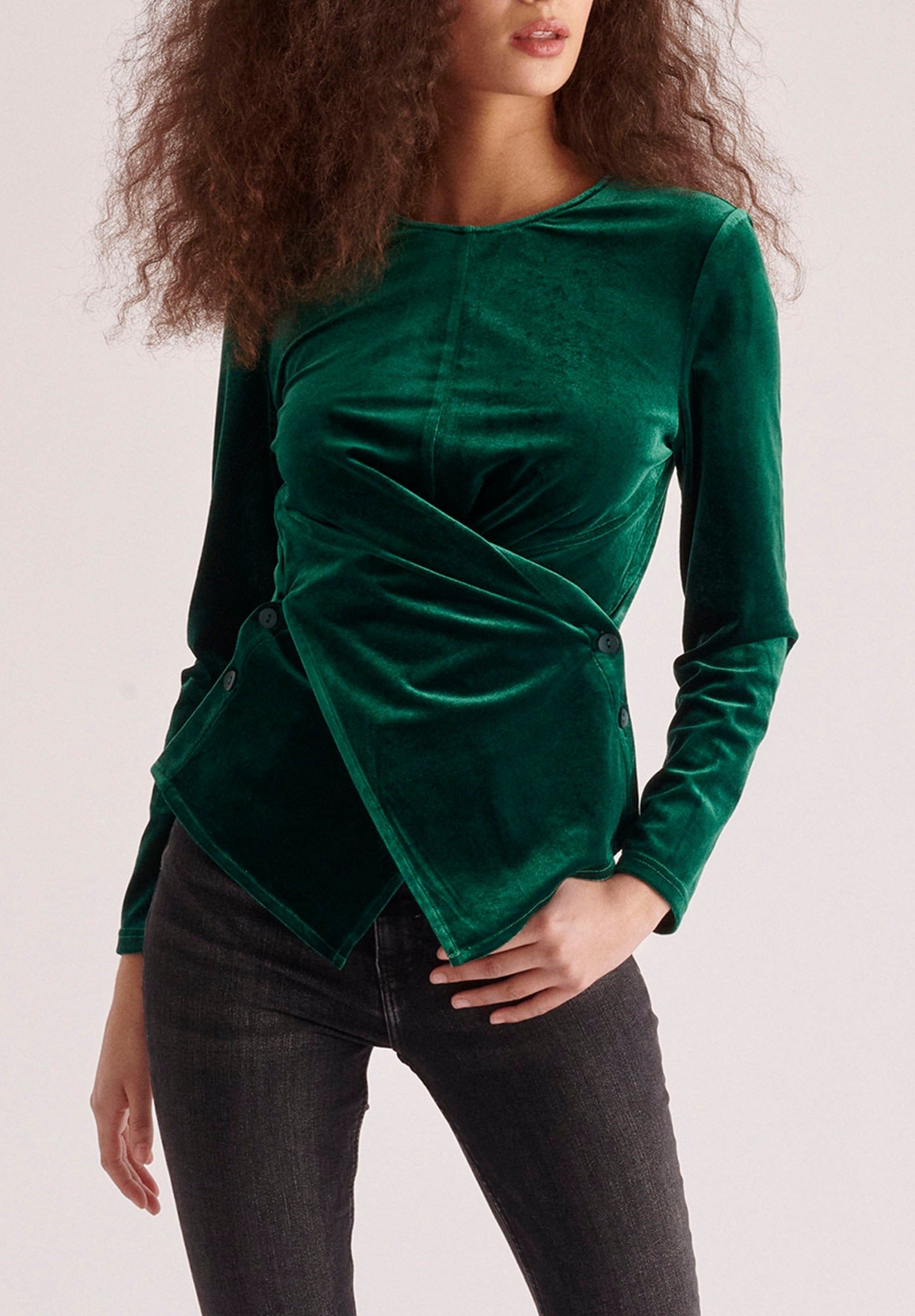 Paisie Draped Velvet Top in Dark Green