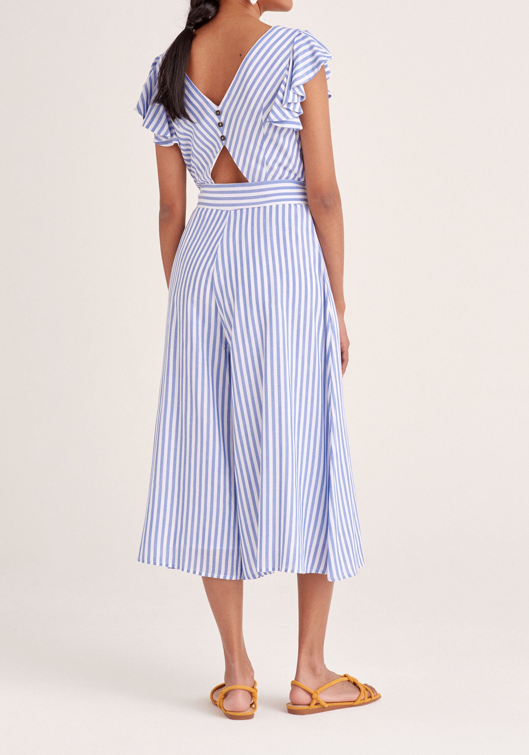 Paisie Striped Square Neck Jumpsuit with Belt in Blue and White Back