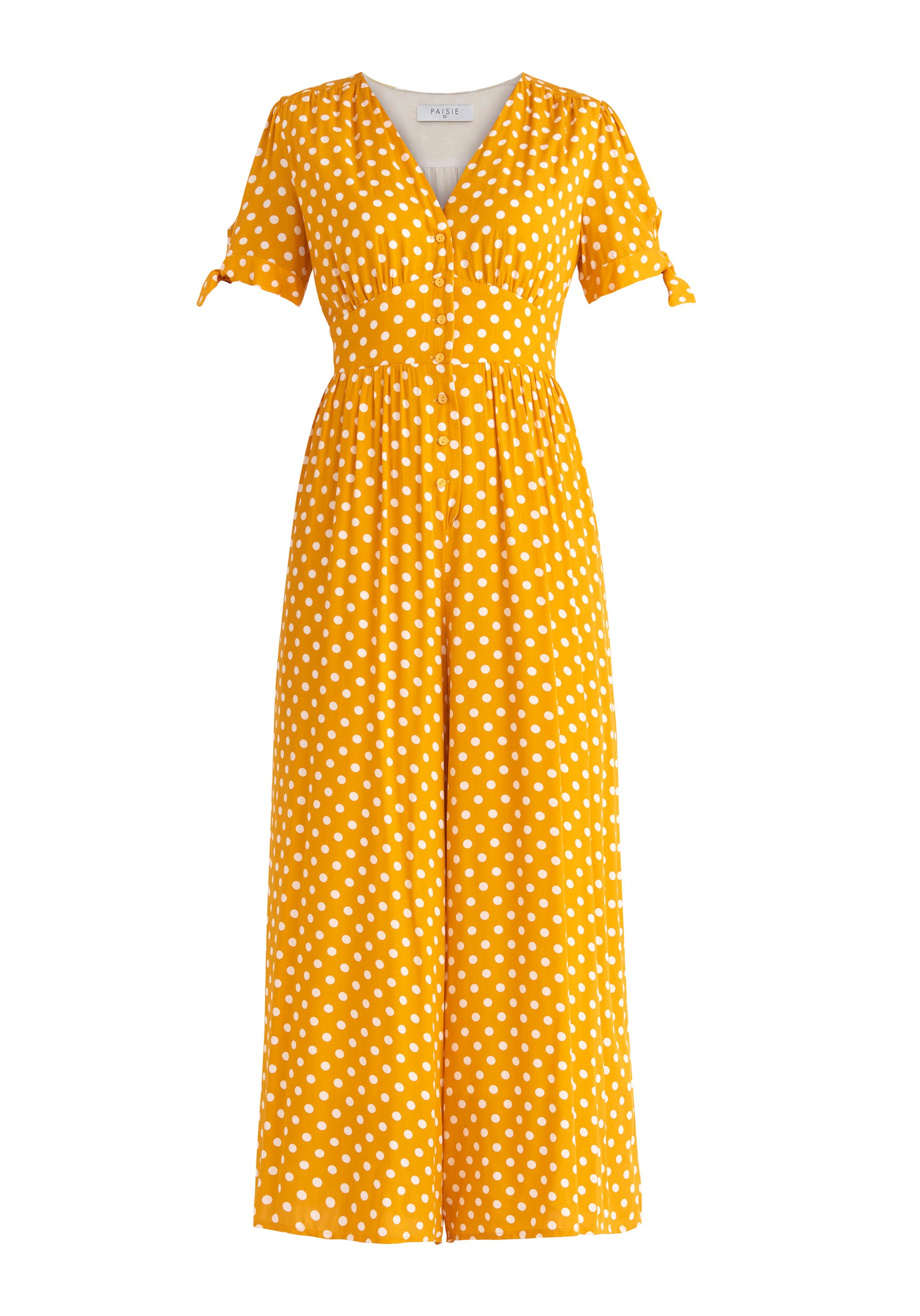 Paisie Sleeve Tie Polka Dot Jumpsuit in Yellow and White Cut Out