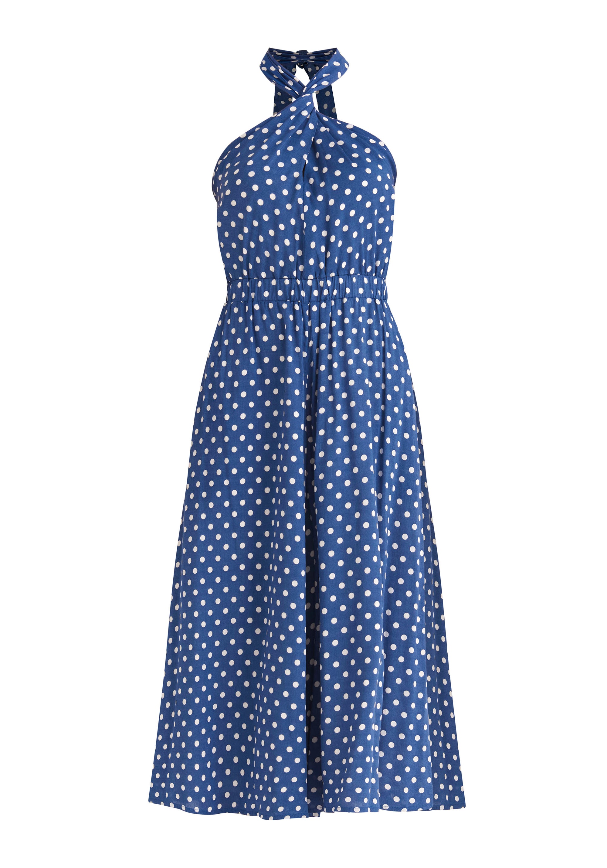 Paisie Polka Dot Halterneck Wrap Jumpsuit in Dark Blue and White Cut Out